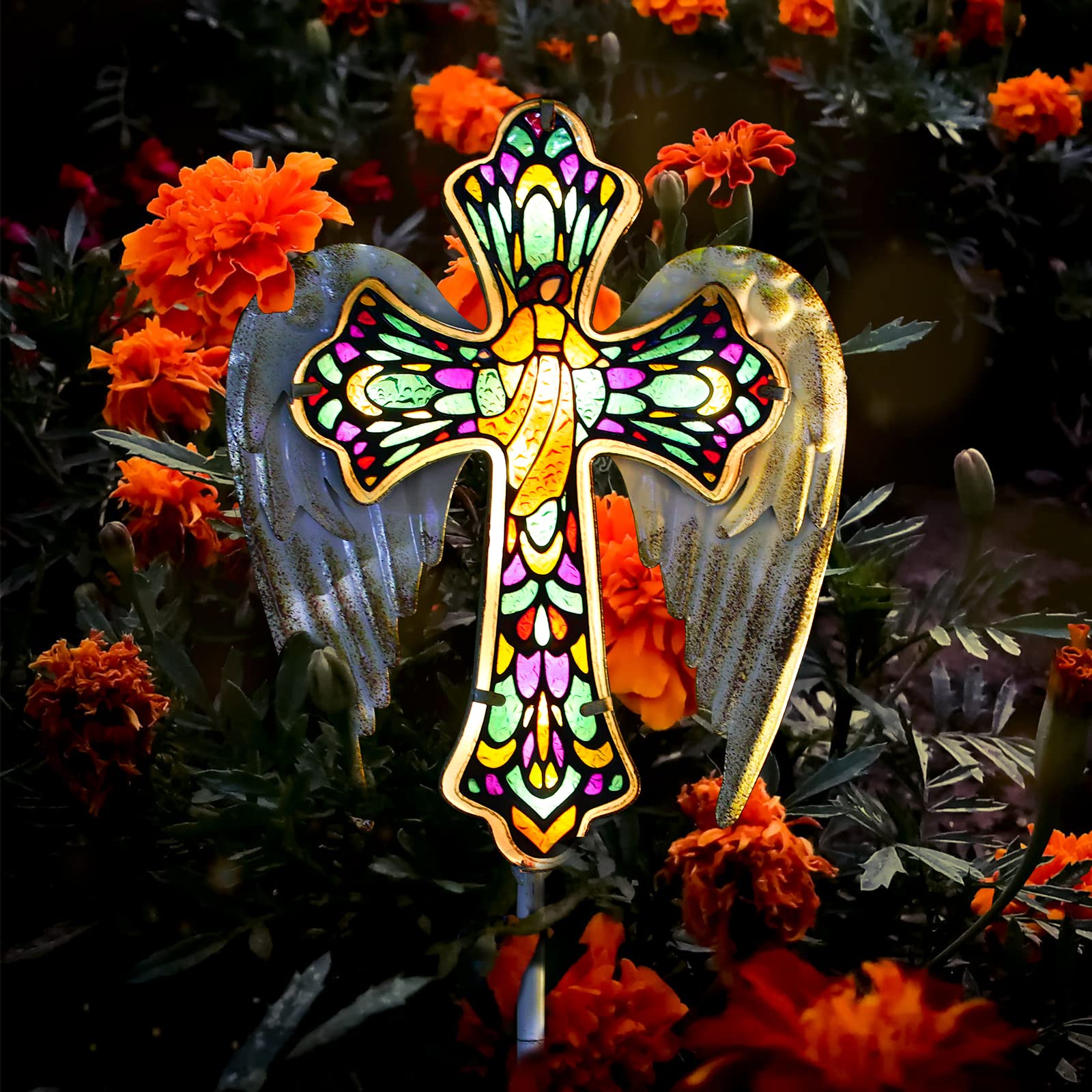 YJFWAL Solar Glass Cross Garden Stake Light  Cemetery Decorations for Grave Outdoor Lights  Jesus Cross Angel Wings Sympathy Memorial Gifts  for Easter Halloween Garden Lawn Yard Patio Decor