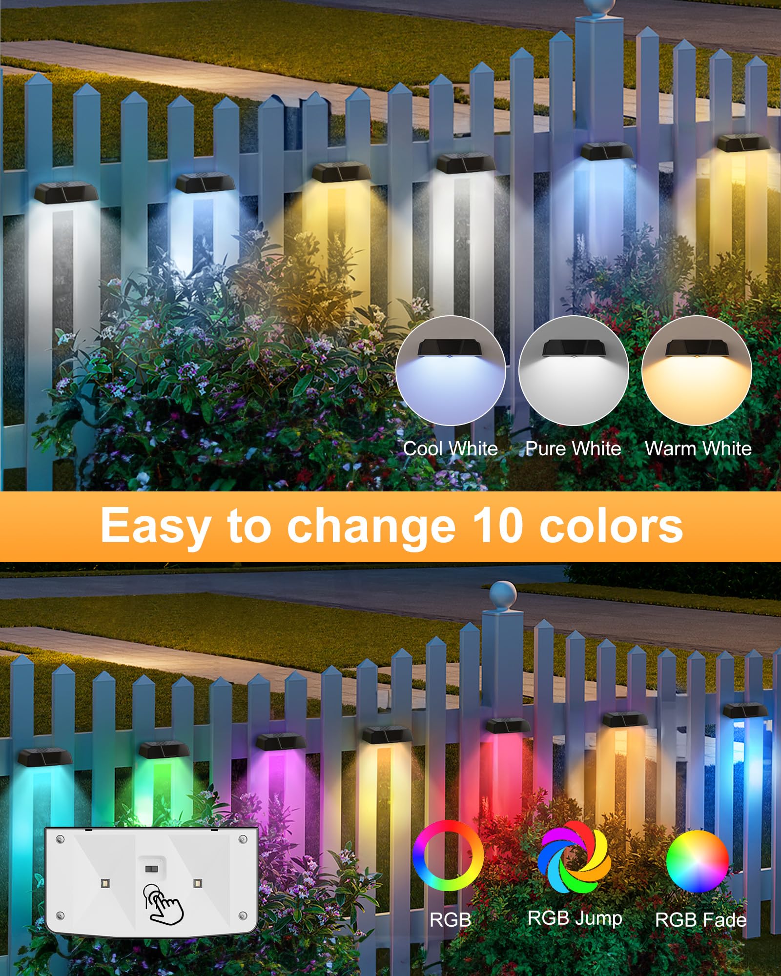 Solar Fence Lights - 8 Pack Outdoor Lights With Warm, Cool White & 7 Rgb Solid Colors, Ip65 Waterproof, Ideal For Deck, Patio, Y