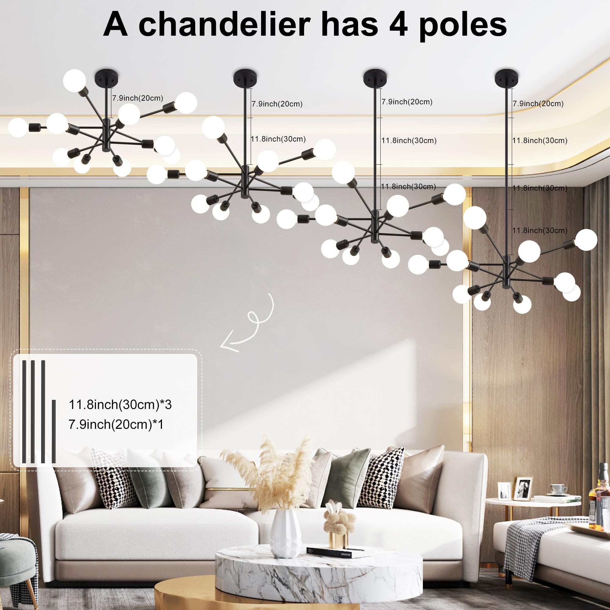 Deyidn Sputnik Chandelier, Black Modern Chandeliers, Mid Century Ceiling Lighting Fixture For Living Room, Kitchen, Bedroom, Din