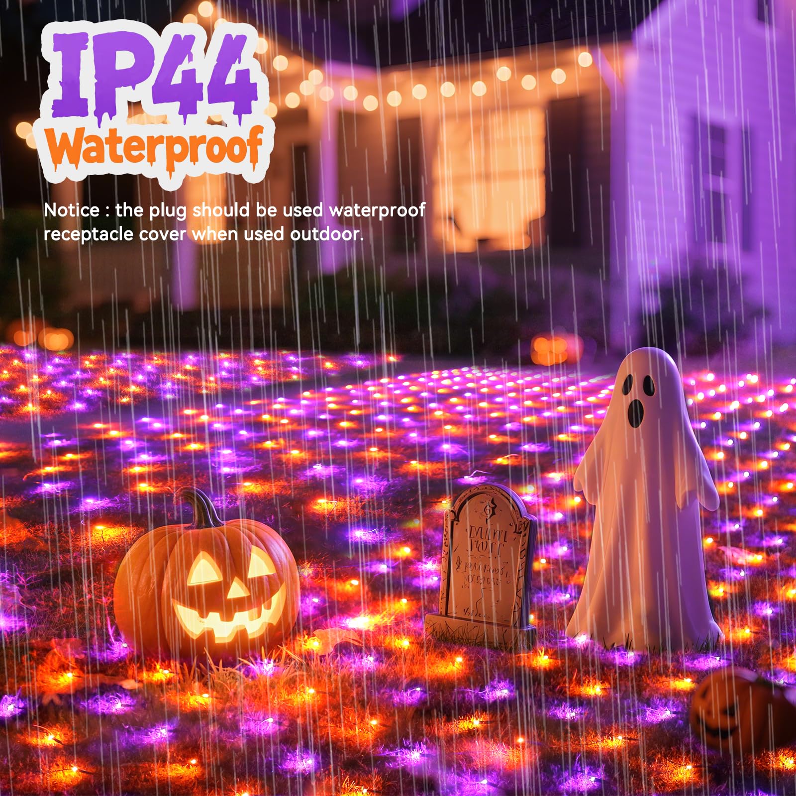Lithome 14.8Ft X 5Ft Halloween Net Lights  300 Led Purple Orange Bush Lights With 8 Modes  Connectable Waterproof Net Mesh Light Dark Green Wire For Bushes Shrubs Trees Outdoor Holiday Decor