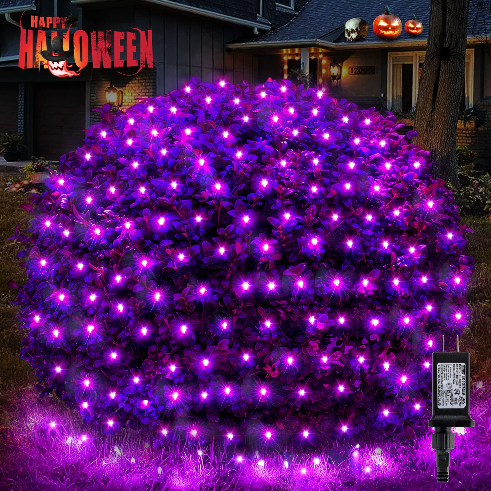 BlcTec Halloween Lights Outdoor 360 LED 9.8ft x 6.6ft Waterproof Purple with 8 Modes & Timer, Dark Green Wire Design