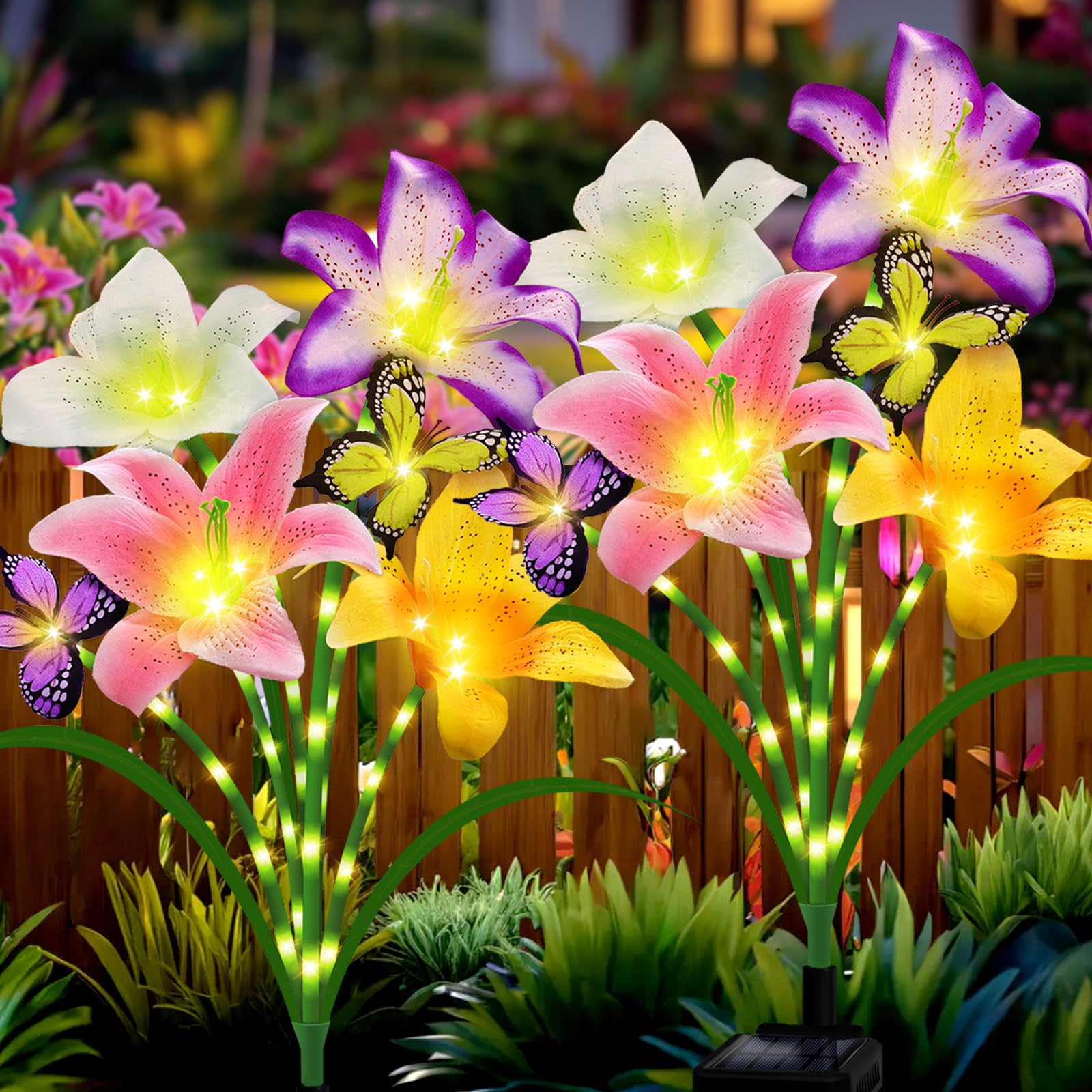 Angmln Solar Garden Lights 2 Pack 8 Lily Flowers With Butterfly Decor, Waterproof Solar Flower Lights For Outdoor - Upgraded Dec
