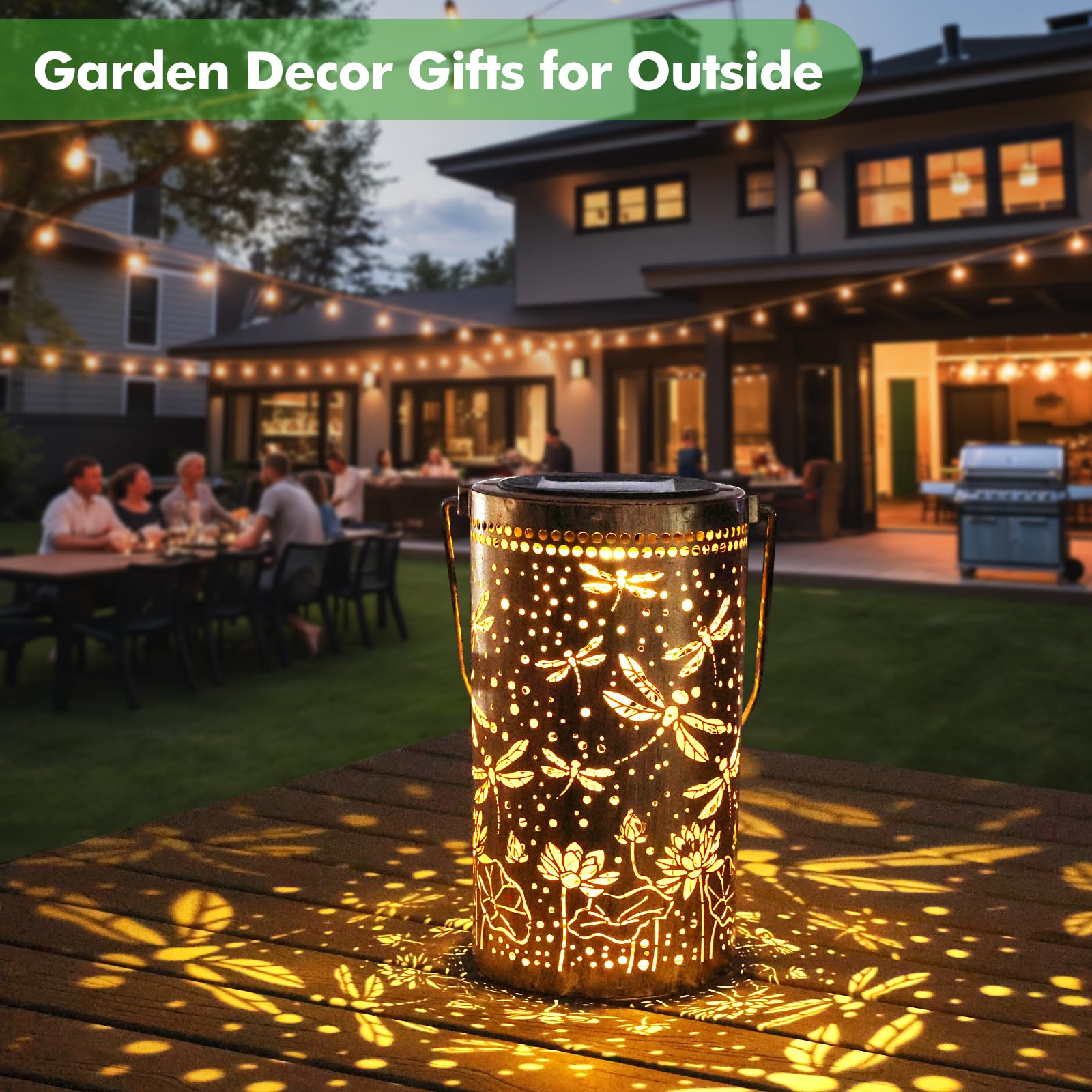 Fabuday Dragonfly Lotus Solar Lanterns - 2 Pack, Waterproof, Metal, Bronze, Model 230 for Outdoor, Garden, Patio, Porch Decor