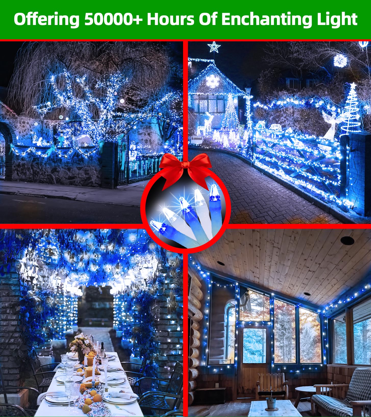Quhuatu Led String Lights Christmas Decorations 8 Lightsing Modes Christmas Lights With Timer Functions For Tree Indoor Outdoor Decorr 1500 Led 492Ft Blue & White