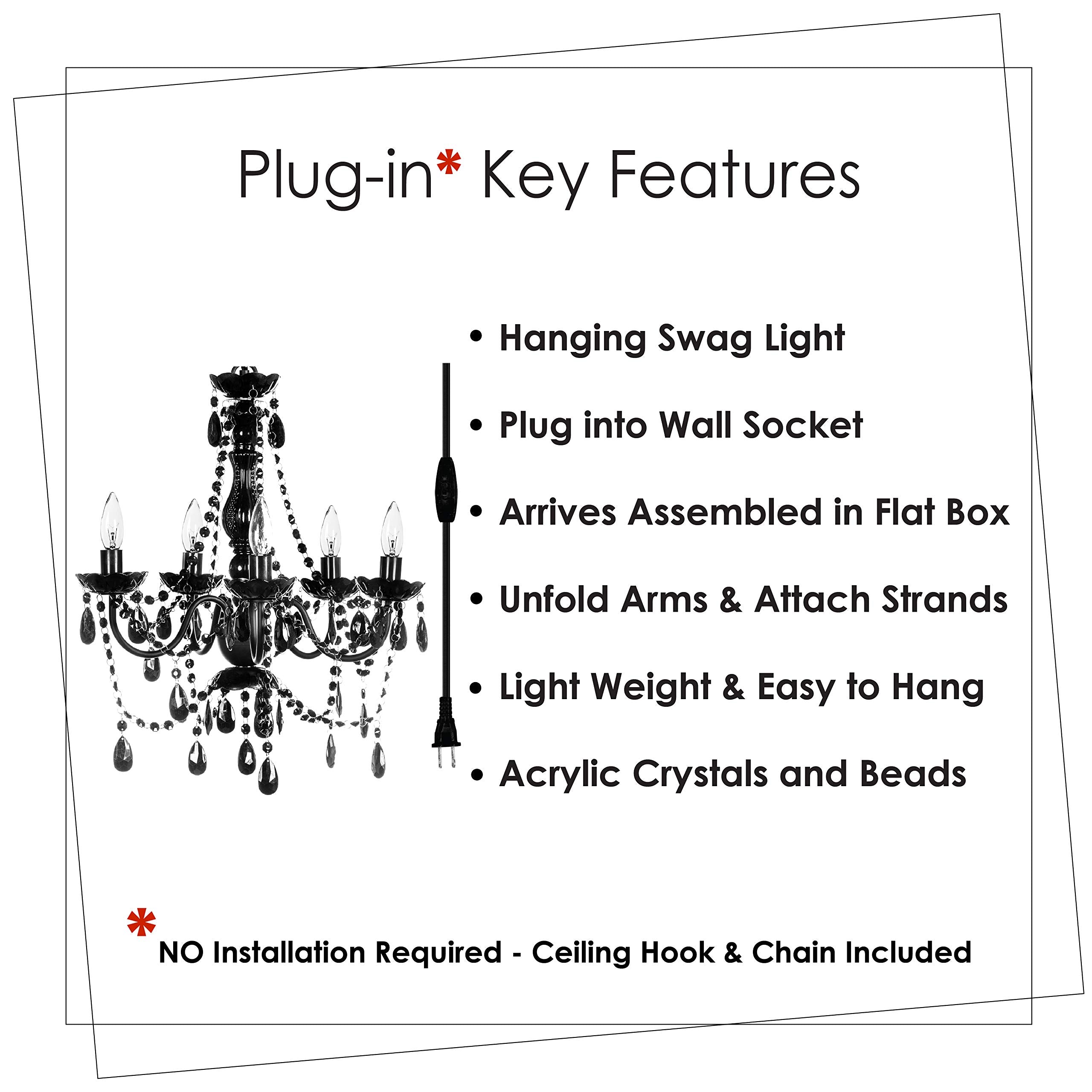 Gypsy Color 6 Light Plug-In Swag Chandelier, Black Metal Frame, Glass Stem, Acrylic Crystals, Model Gylgbkp, H26”Xw22”