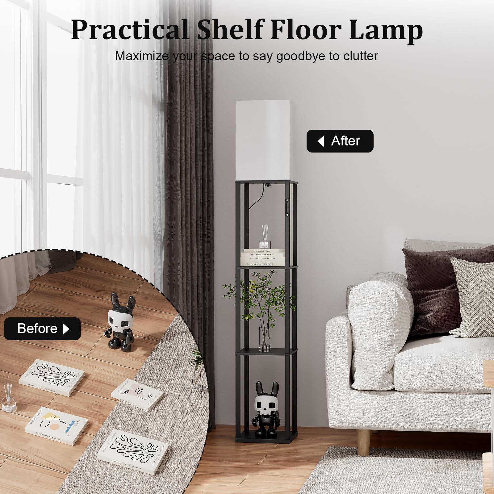 Jeagop Floor Lamp with Shelves, Modern Wood Shelf Standing Lamp with 3 Tier Storage, Remote & Touch Control, Corner Tall Bookshe