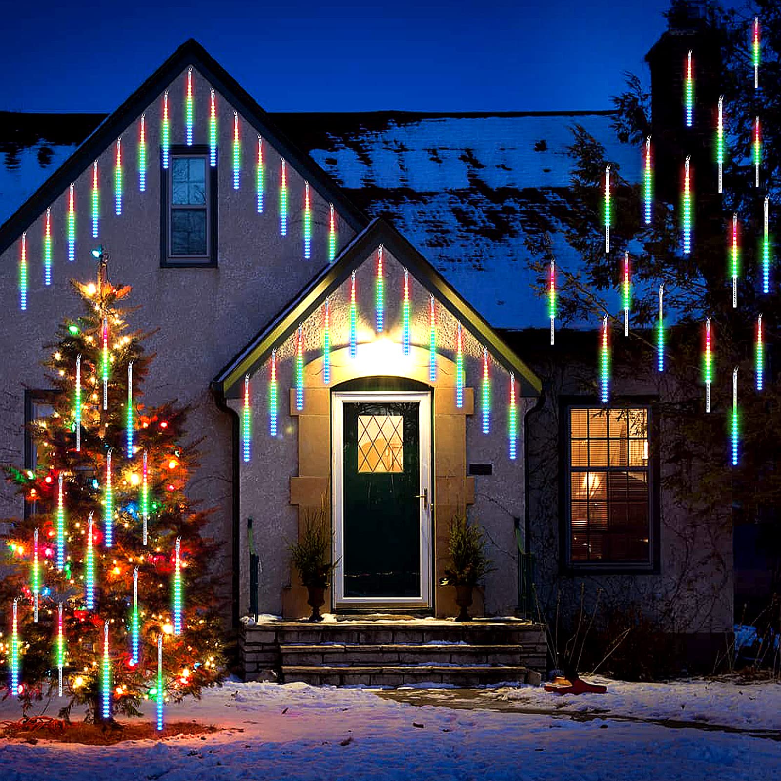 Fyyzy Christmas Lights Meteor Shower Rain Light Falling Rain Lights With 25 Tubes 600 Leds Waterproof Icicle Snow Fall String Li