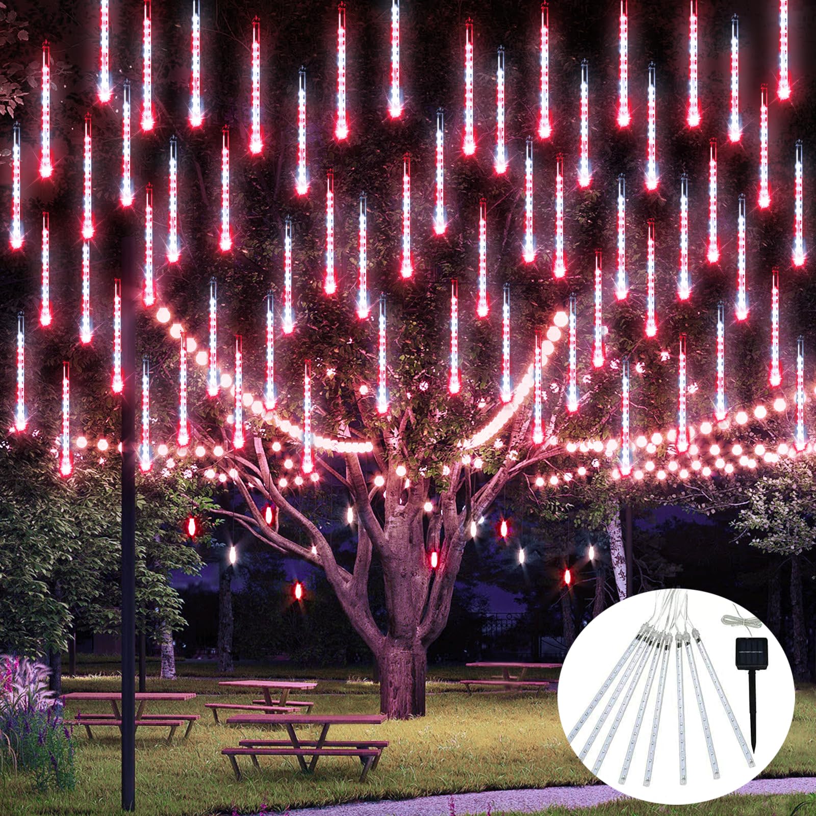 JMEXSUSS Red and White Solar Meteor Shower Rain Lights, 30cm 8 Tube 144 LED Solar Lights for Party Holiday Yard Patio Decorations