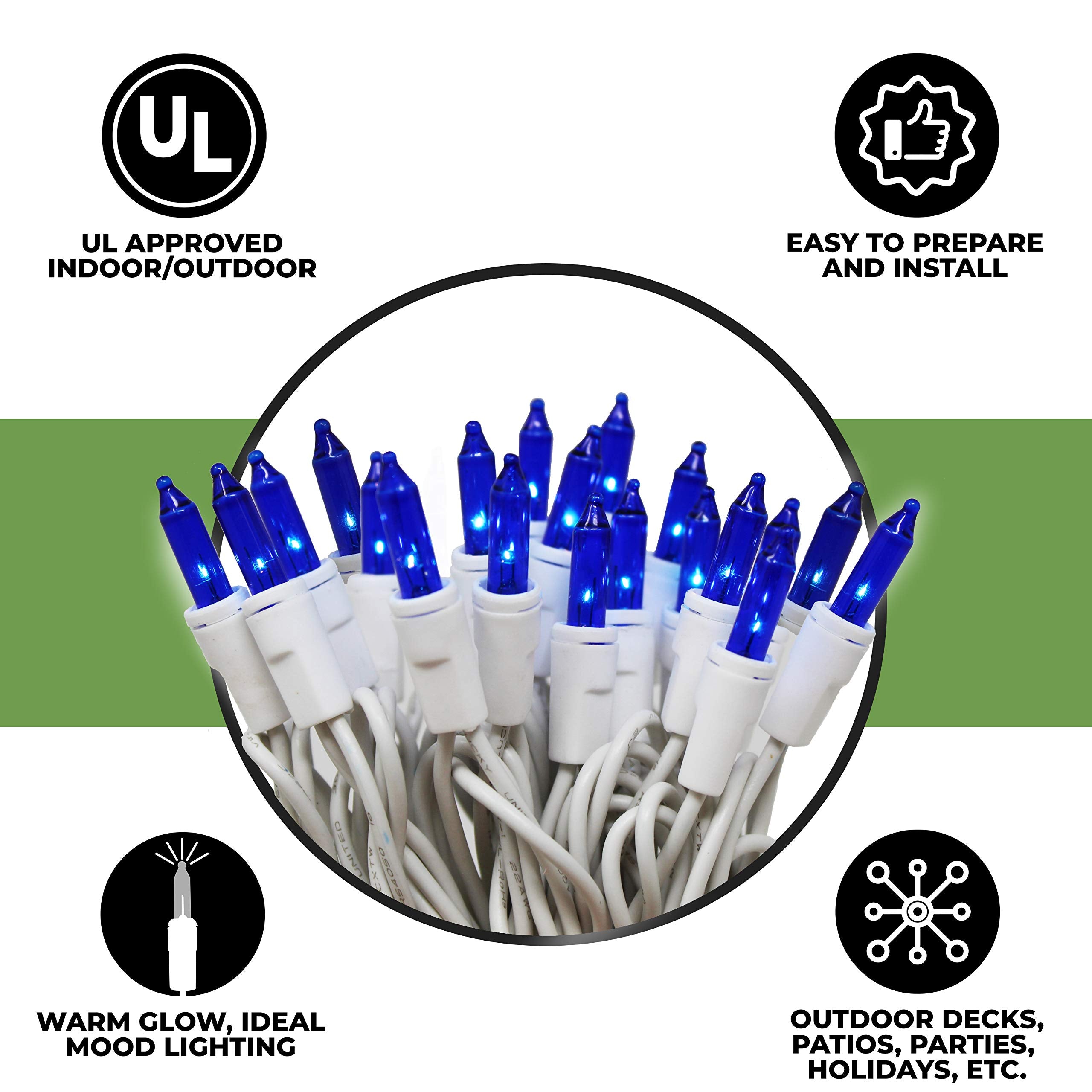 612 Vermont 50 Blue Christmas Lights On A White Wire String, Ul Approved, Indoor And Outdoor Use, 9 Foot Of Lighted Length, 11 Foot Of Total Length