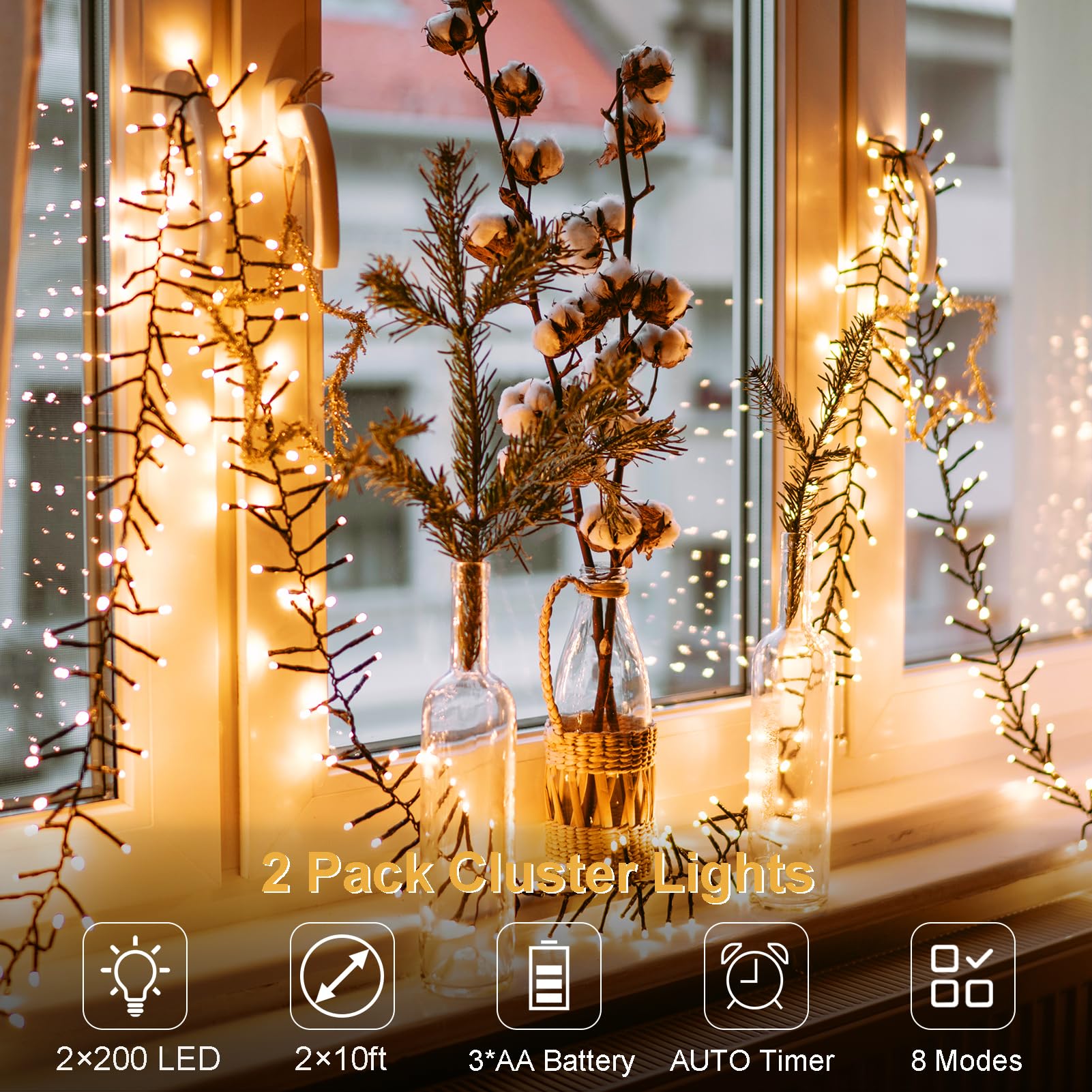 BSGlobal 2 Pack String Lights 20Ft 400 LED Waterproof Warm White with Timer 8 Modes for Outdoor Tree Home Decor