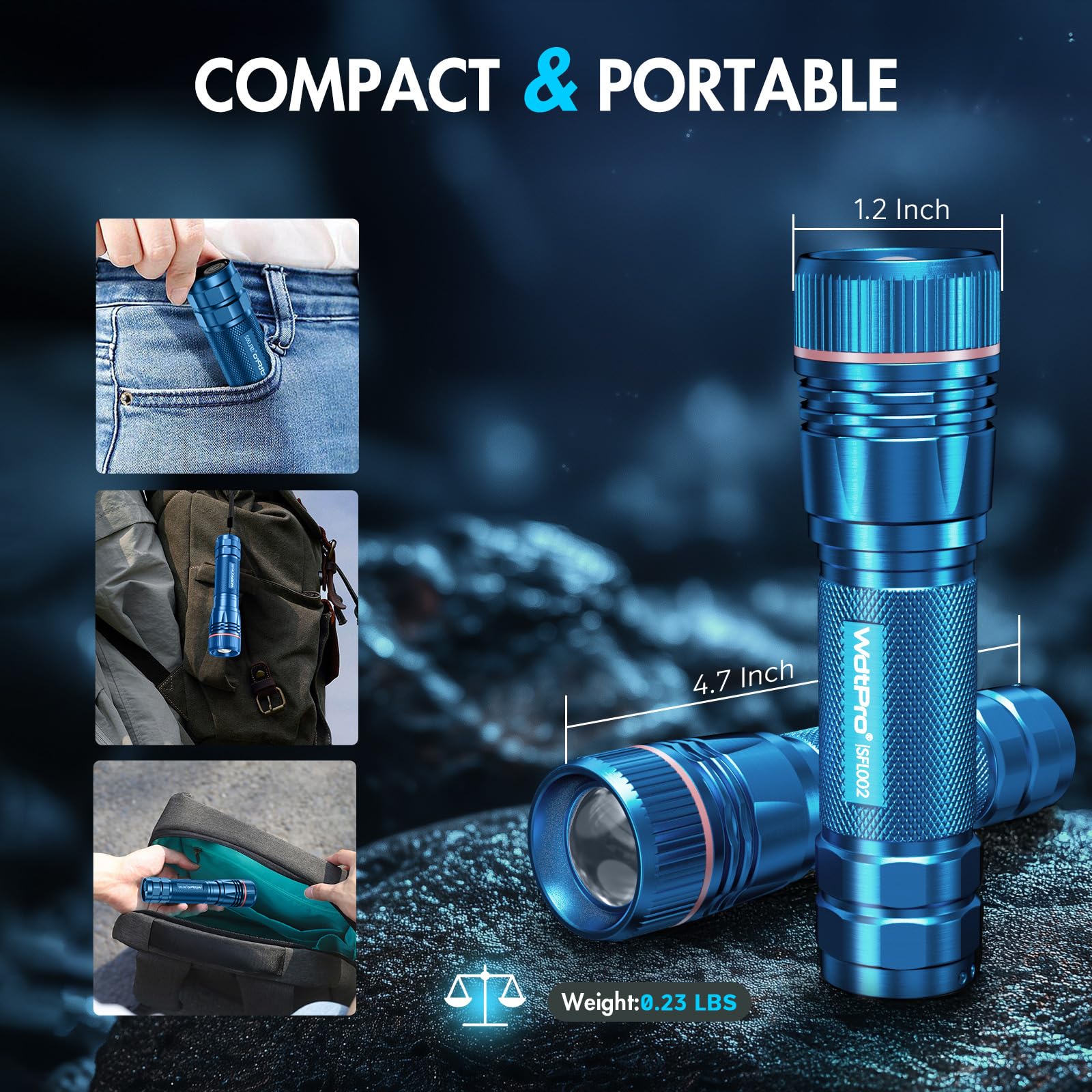 WdtPro Rechargeable LED Flashlight, High Lumens, 1 Pack, Aluminum, Blue, Model SFL002, 10H Runtime