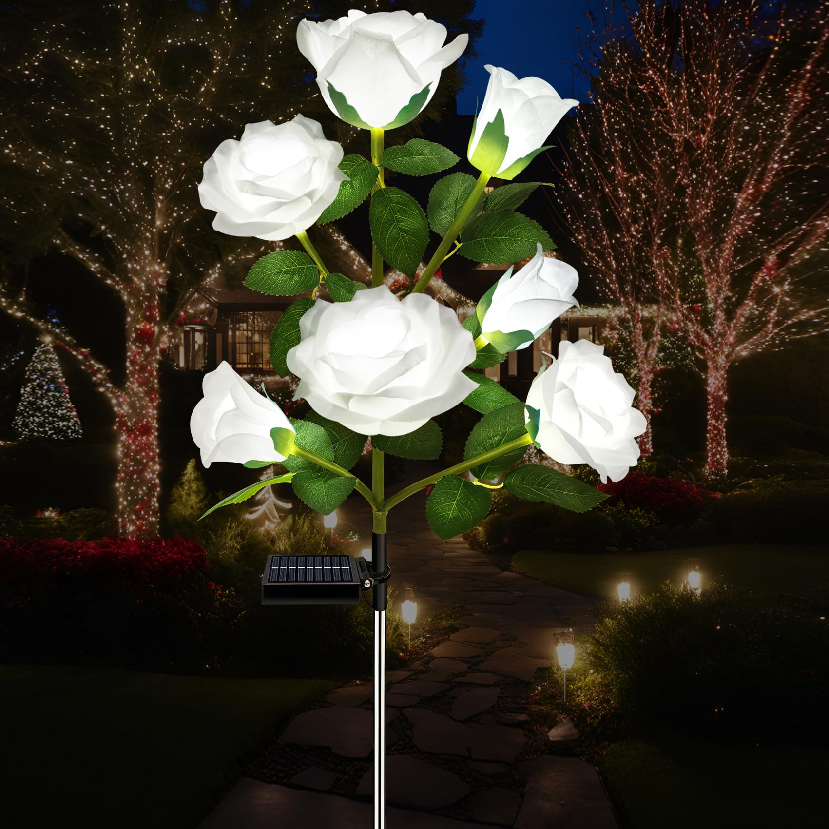 DWH 1 Pack Solar Garden Lights Outdoor, 7-Flower Rose Solar Lights for Yard, LED Solar Powered Stake Lights for Patio Pathway La