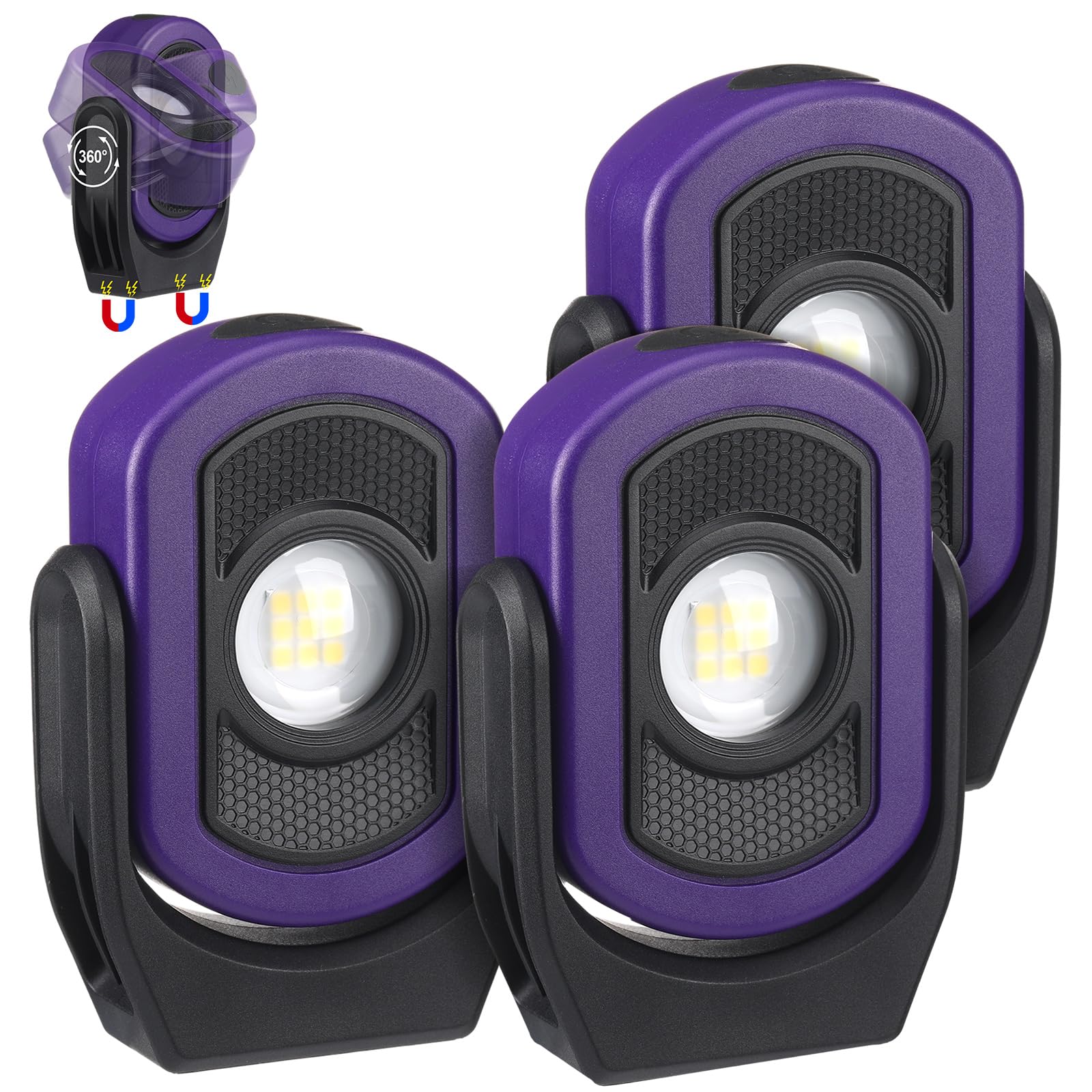 Retisee 3 Pack 780 Lumens Magnetic Work Light USB Rechargeable LED Flashlight Portable Mechanic Light for Car Repair Emergency L