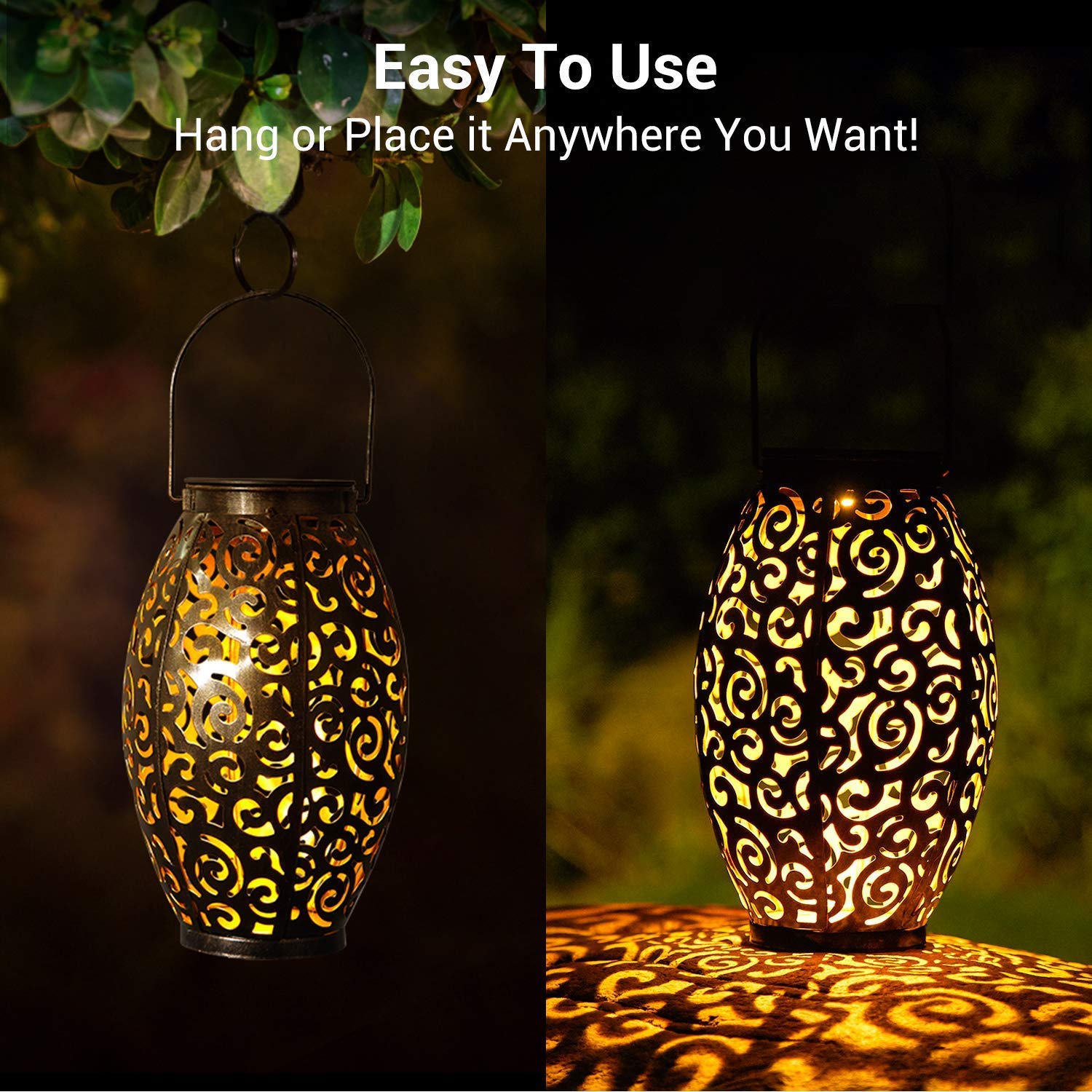 OxyLED Solar Lanterns Outdoor, Waterproof LED Hanging Lights, 2 Pack, Bronze Metal, Model WDSM017