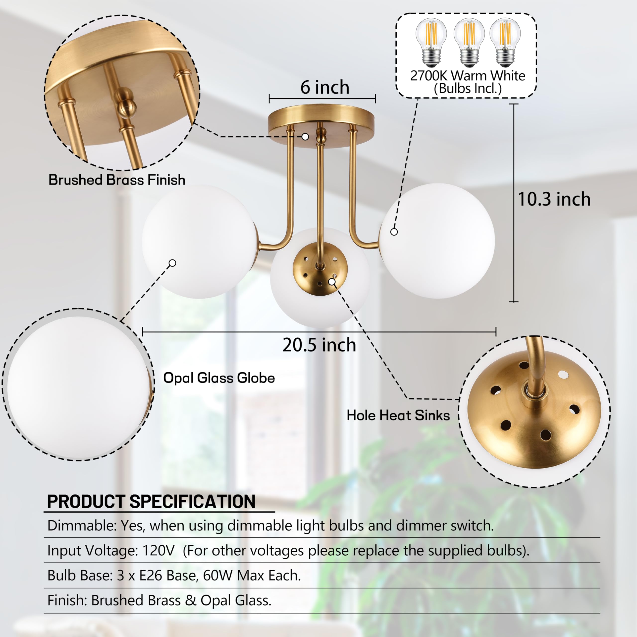 Koko&Yukina 3-Light Semi Flush Mount Ceiling Light Globe Ceiling Light Mid Century Ceiling Light With Opal Milk Glass Globe & Br