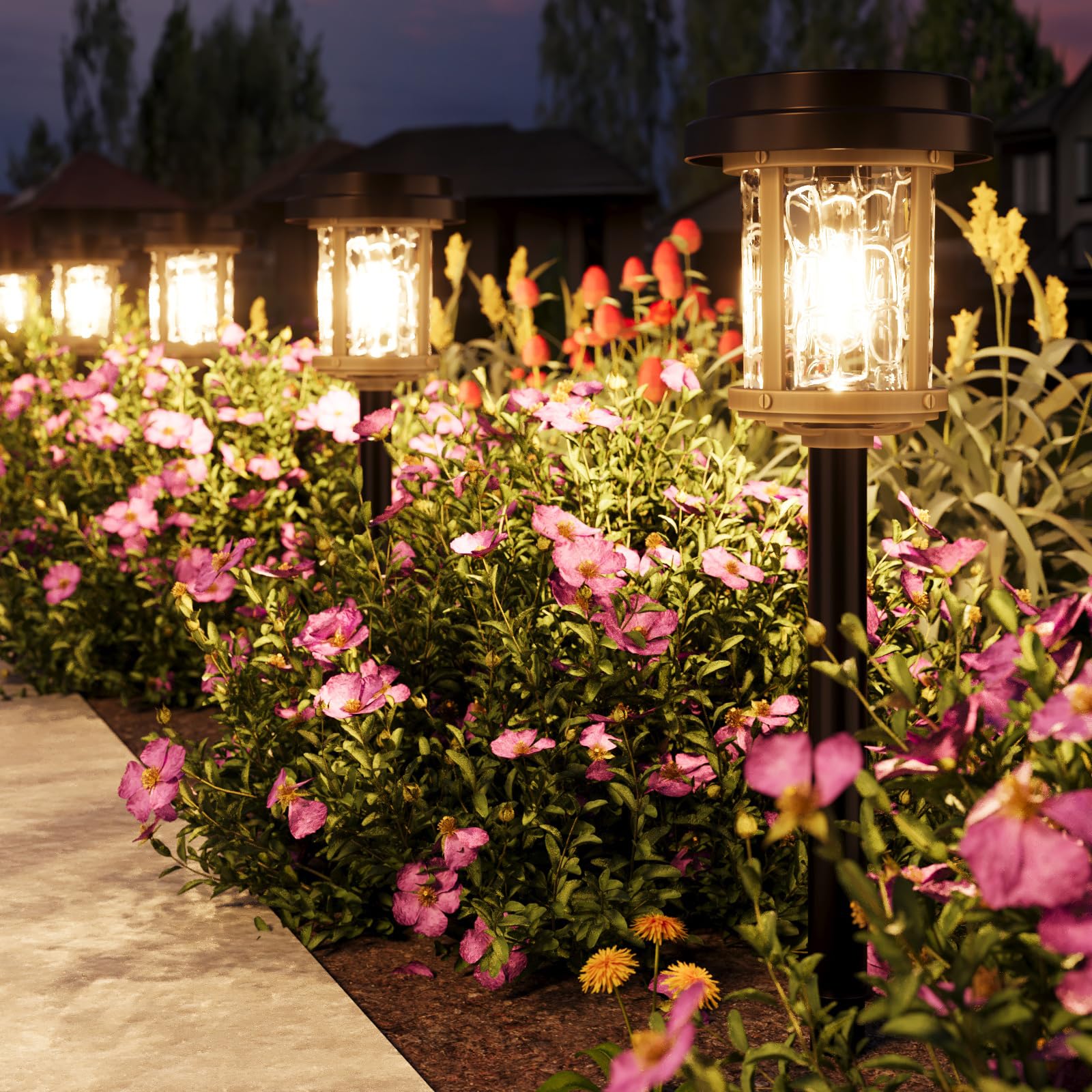 XMCOSY+ Solar Pathway Lights, 6 Pack, 15 LM LED, IP 65 Waterproof, Stainless Steel, Brown & Black, Model HW-6181J