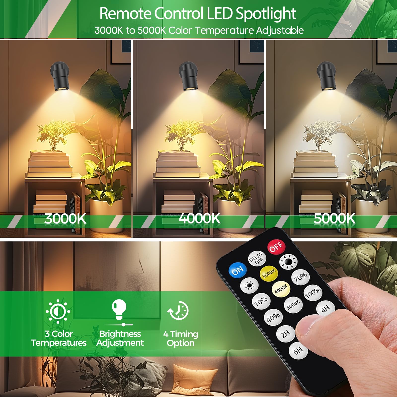 Jiaqiyan Led Spotlight Indoor 2 Pack, 5W Adjustable Led Up Lights With Remote Control & Timer, 3000K/4000K/5000K Floor Uplighting Spot Lights For Plants & Artwork, 5.9 Ft Cord