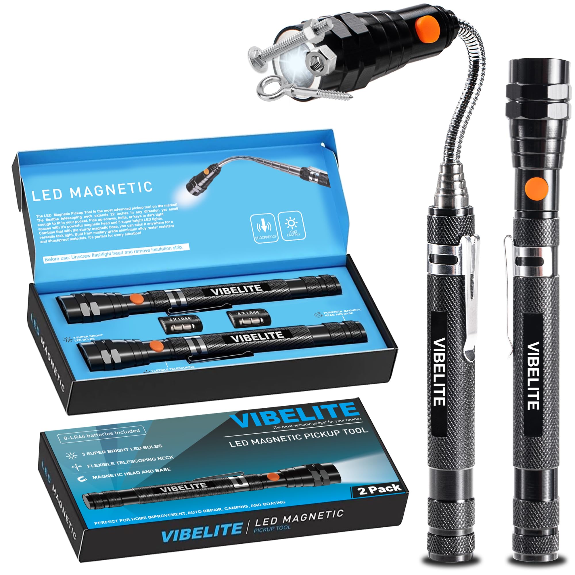 VIB high-standard Extendable Magnetic Flashlight Pickup Tool, Aluminum, Black, Model 2401MPT, 2 Pack