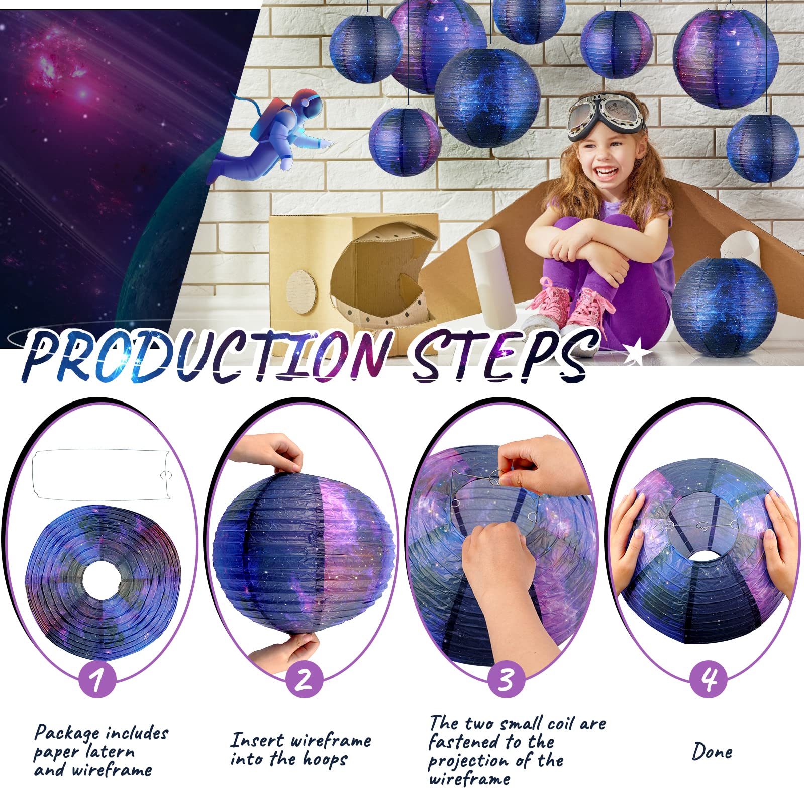 Hortsun Galaxy Print Paper Lanterns - 10 Pack, Space Themed, 8&quot;/6&quot; Hanging Decor For Parties