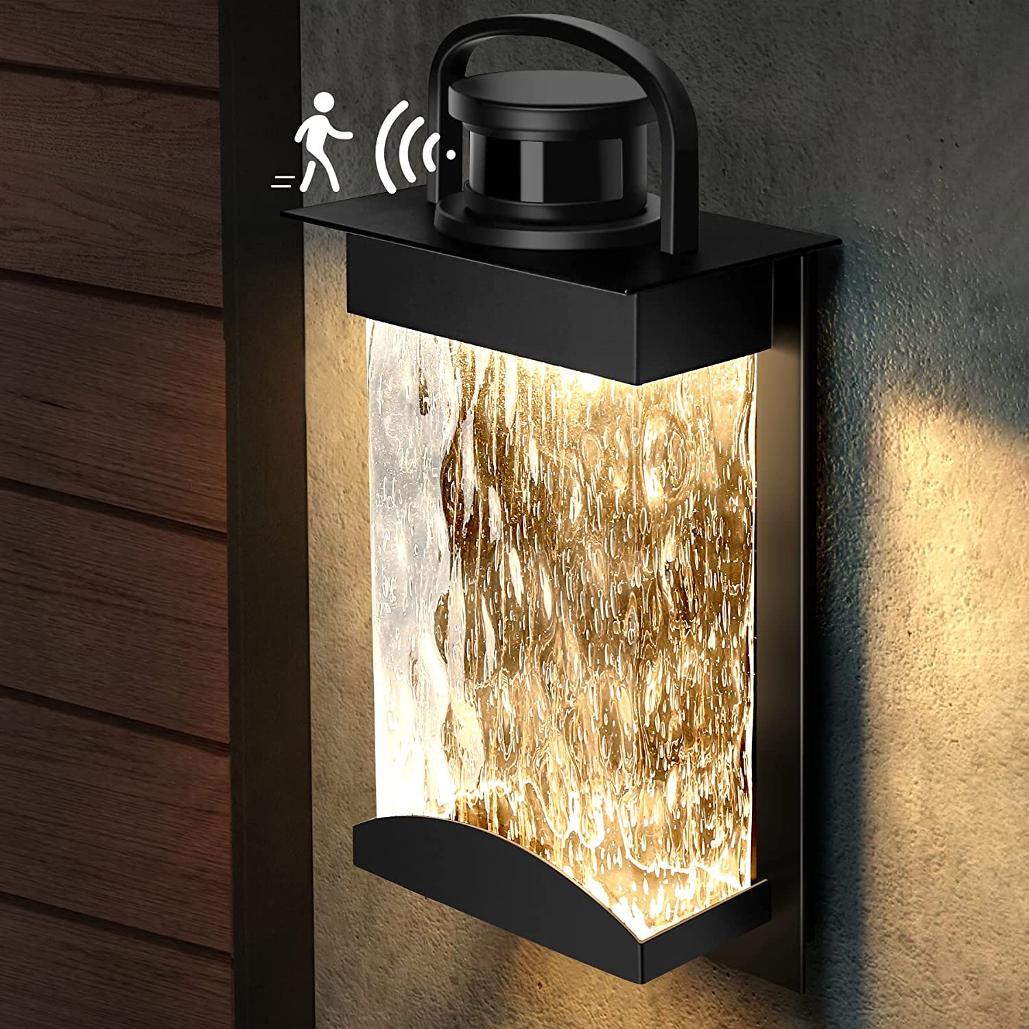 Lamomo Motion Sensor Outdoor Lights, 1200 Lumen LED, 3 Lighting Modes, Black, Model B6058-US, Modern Glass Wall Sconce