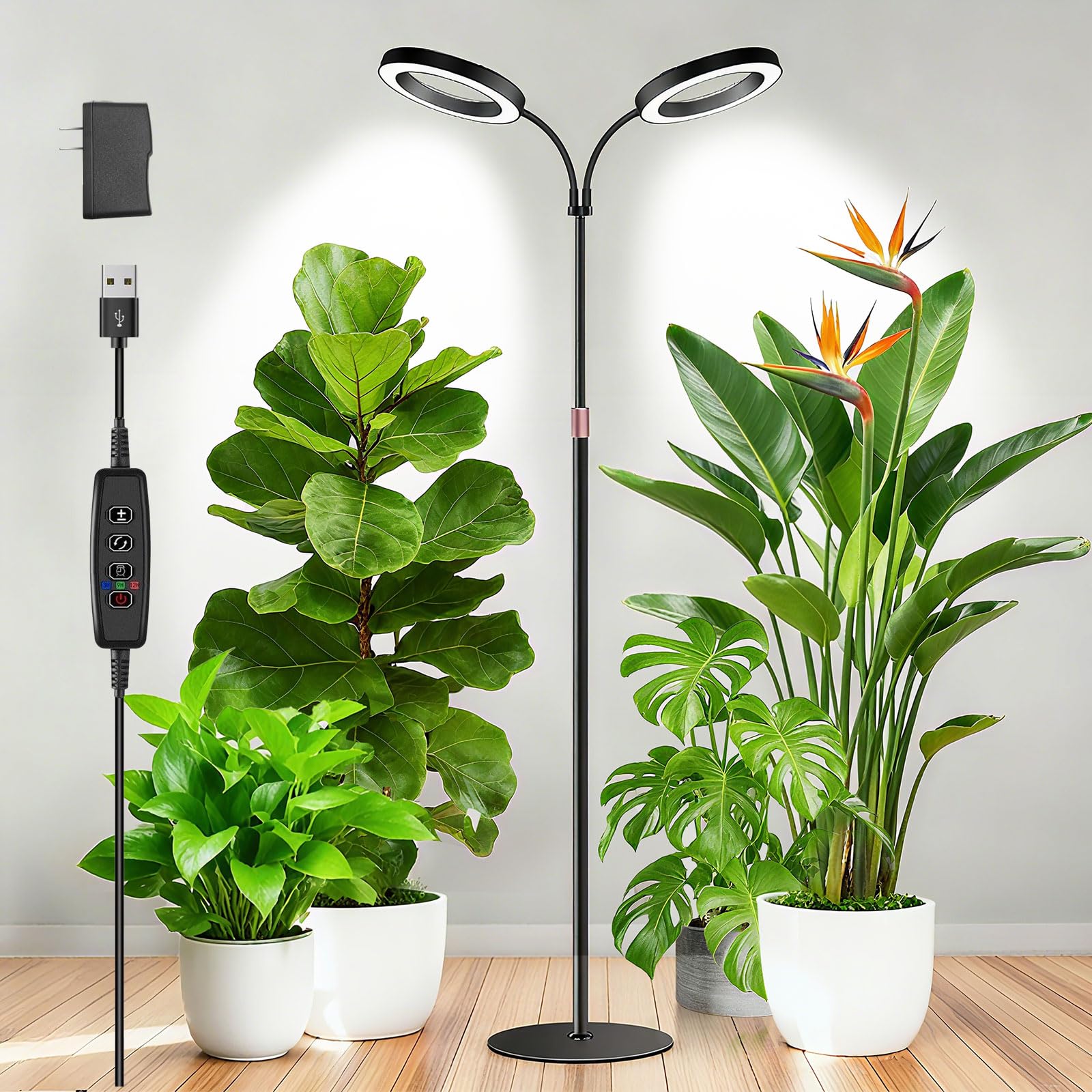 Dual-Head Grow Lights for Indoor Plants, Full Spectrum Plant Lights with 23.5-67 Adjustable Height Stand, 3 Growing Modes with T