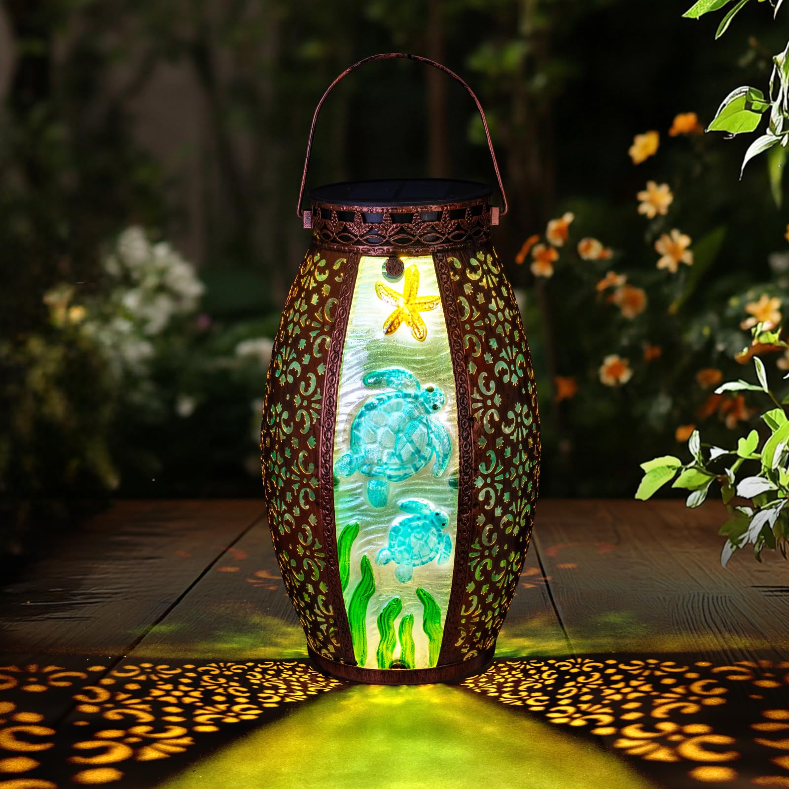 Outdoor Solar Lantern-Waterproof Turtles Hanging Metal Decorative Lights For Patio Table Garden Pathway Yard With Super Bright W