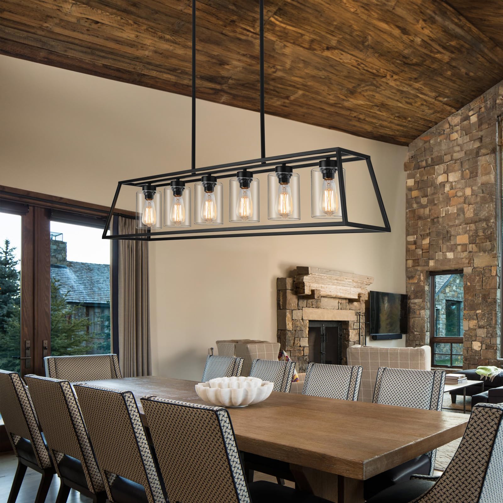 Senyshilon 6-Light Black Farmhouse Chandelier, Metal With Clear Glass For Dining Room, Kitchen Island, Model S8833-6S