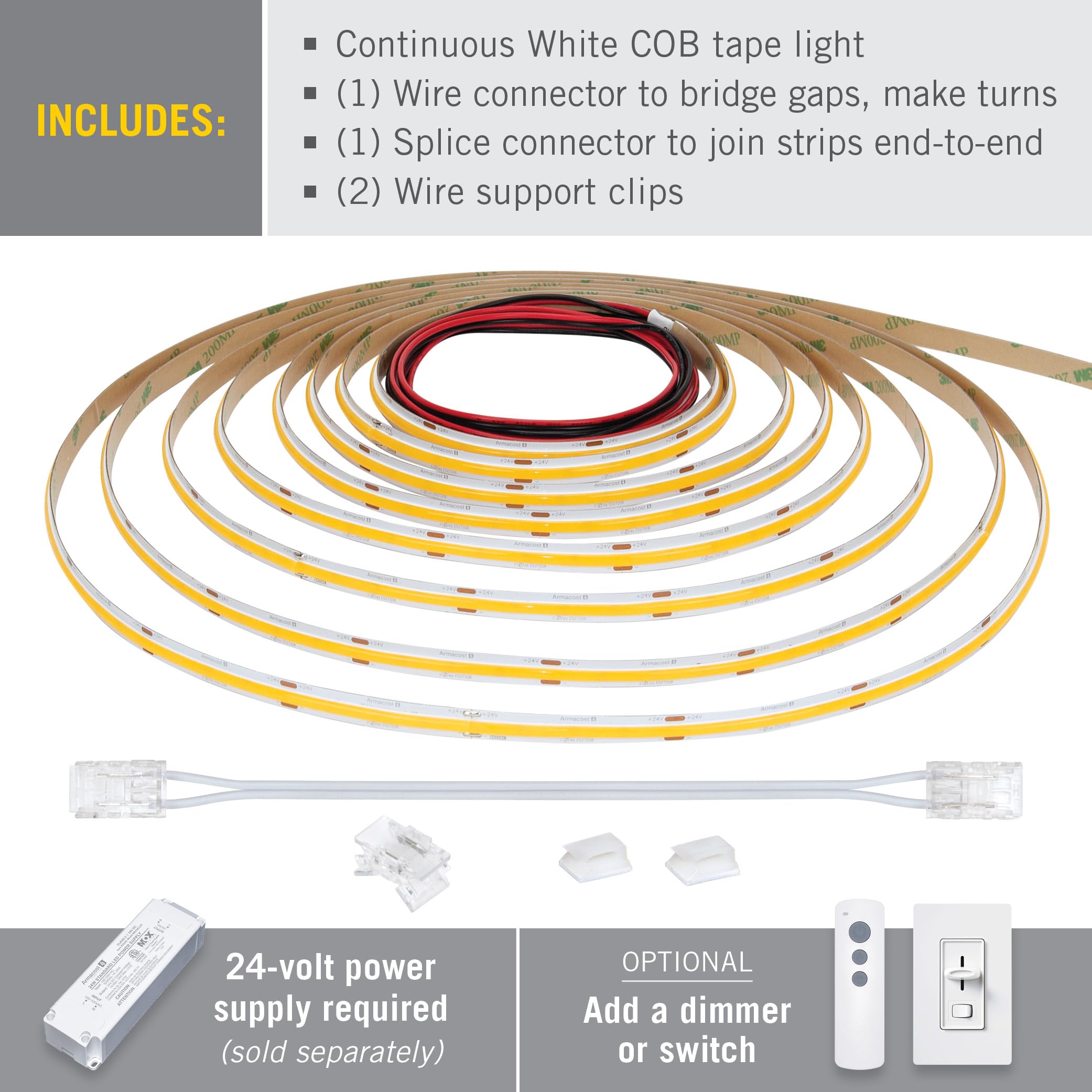 Armacost Lighting Ribbonflex Pro 24V White Cob Led Strip Light Tape 3000K  165 Lumens/Ft  2.5M 171210