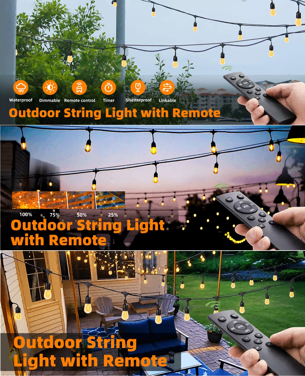 100FT Outdoor String Lights with Remote Control Patio Lights Waterproof Commercial Grade, 30+2 Replaceable Dimmable Edison Bulbs