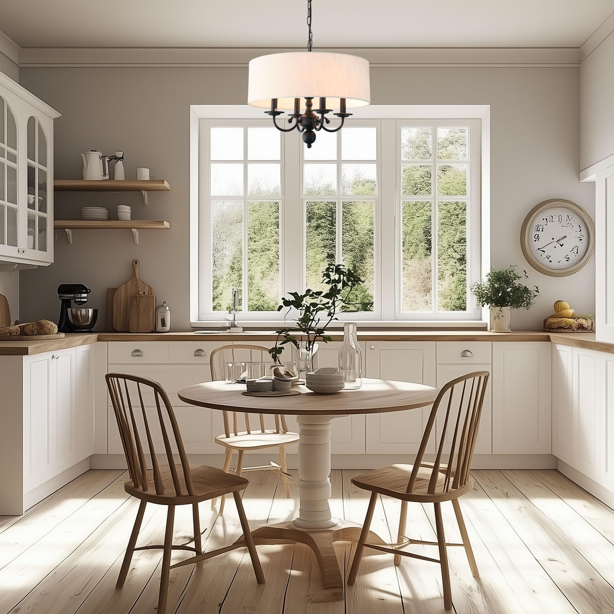 Cawabien 4-Lights Drum Chandelier Pendant Light Fixture, Beige Shade, Metal, 17.75" for Dining Room, Living Room, Kitchen Island