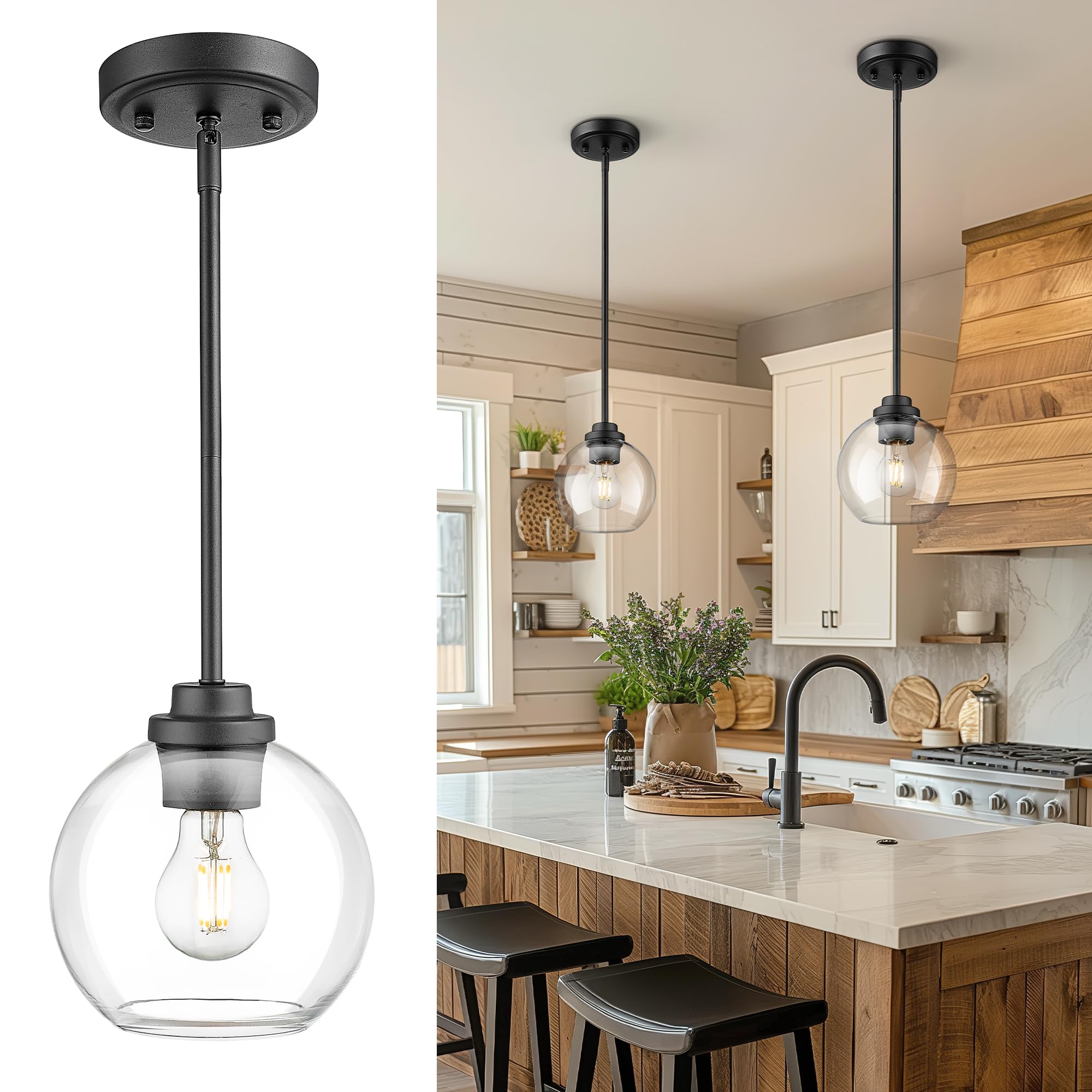 JAZAVA Matte Black Pendant Light, Mid Century Globe Haning Light Fixture Ceiling with Clear Glass for Kitchen Island Dining Room