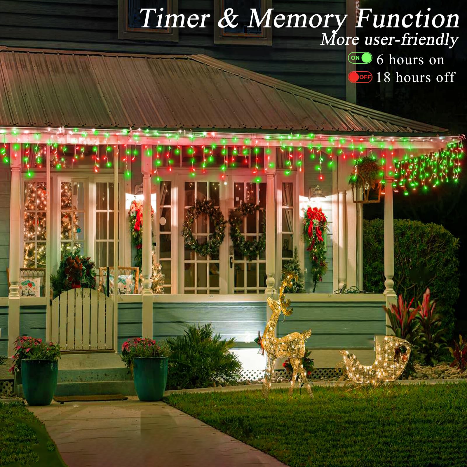 33Ft Red And Green Christmas Lights Outdoor, 400 Led Icicle Lights For Outside, Plug In Twinkle Lights Indoor With 8 Modes Timer