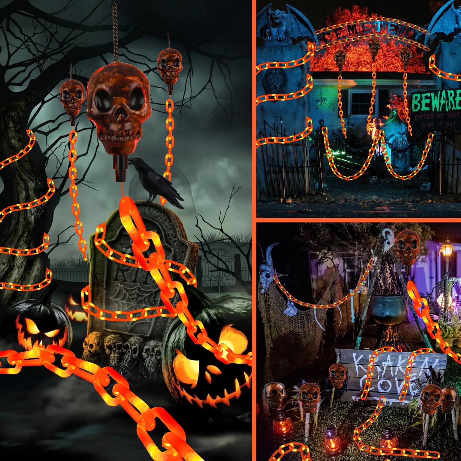 X-GiftKey Solar Skull Chain Lights, 8 Modes Halloween Decor for Yard/Patio, Orange, Model XGKSLOS01