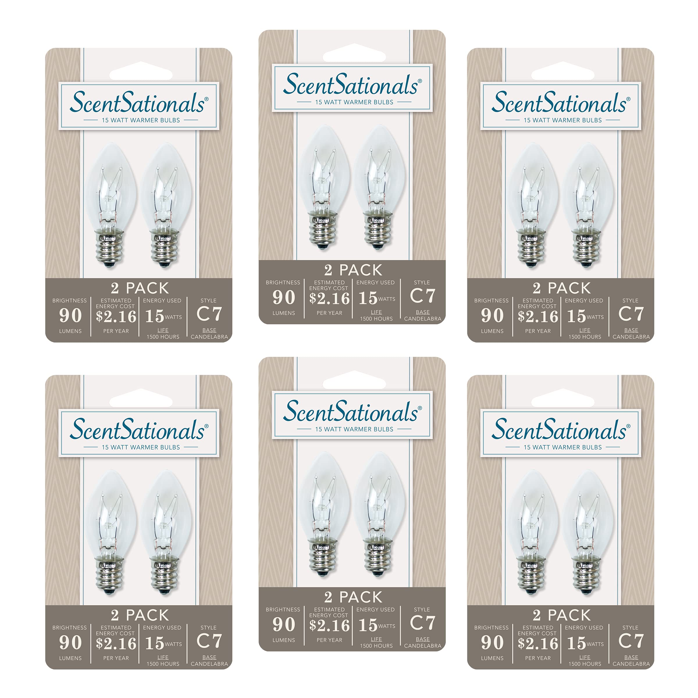 Scentsationals Wax Warmer Light Bulb Replacement - 15 Watt C7 Bulbs, Clear, Pack of 12