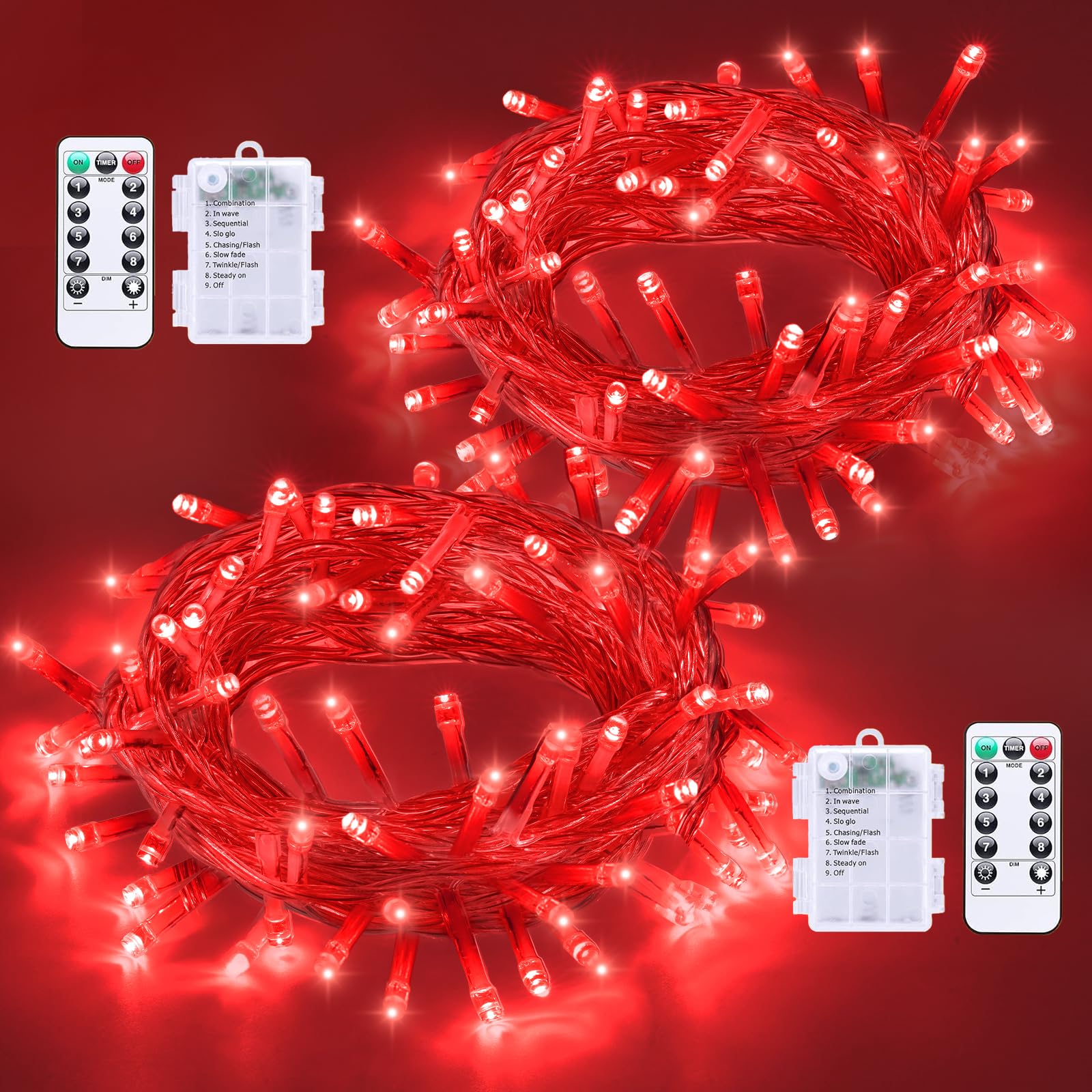 QITONG 2 Pack Red Valentine Lights Battery Operated, Each 33ft 100 LED String Lights Outdoor Waterproof with Remote, Clear Wire 