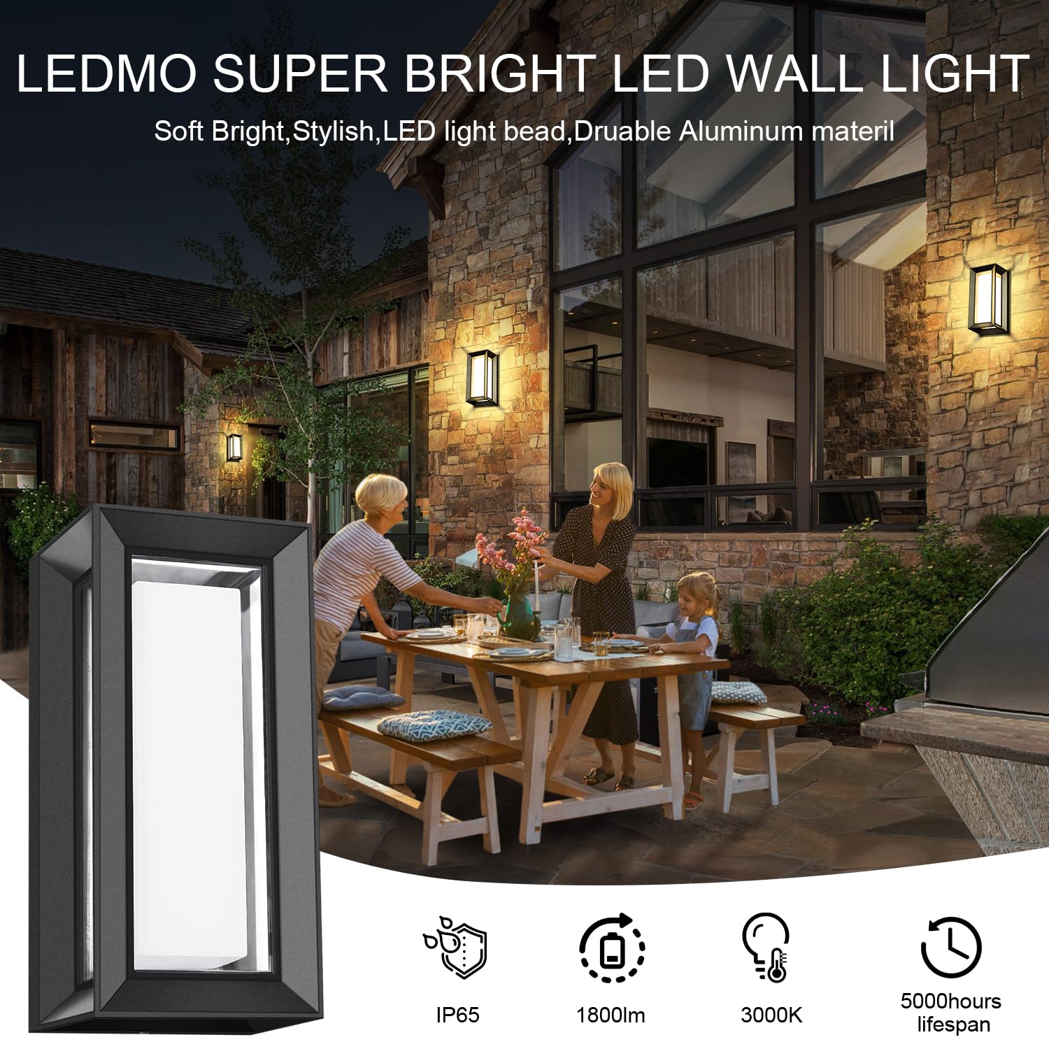 LEDMO Outdoor Wall Light 1800Lm, 3000K Waterproof Black Fixture, Rectangle - 2 Pack, Modern Porch Lighting for House, Garage, Patio