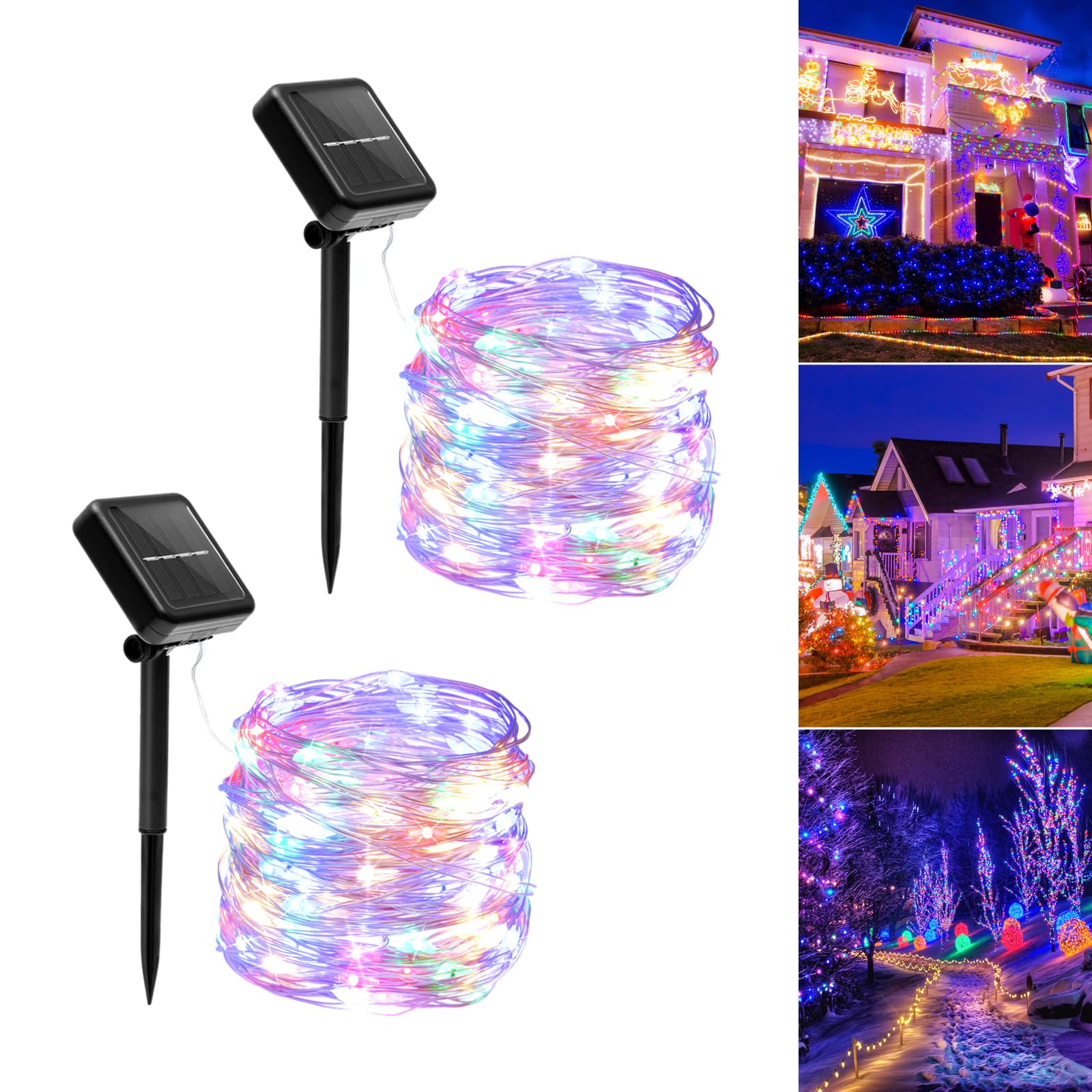 Galavasen Solar String Lights Outdoor Waterproof, 2x56Ft 300LED 8 Modes Colored Solar Powered Copper Fairy String Lights for Out