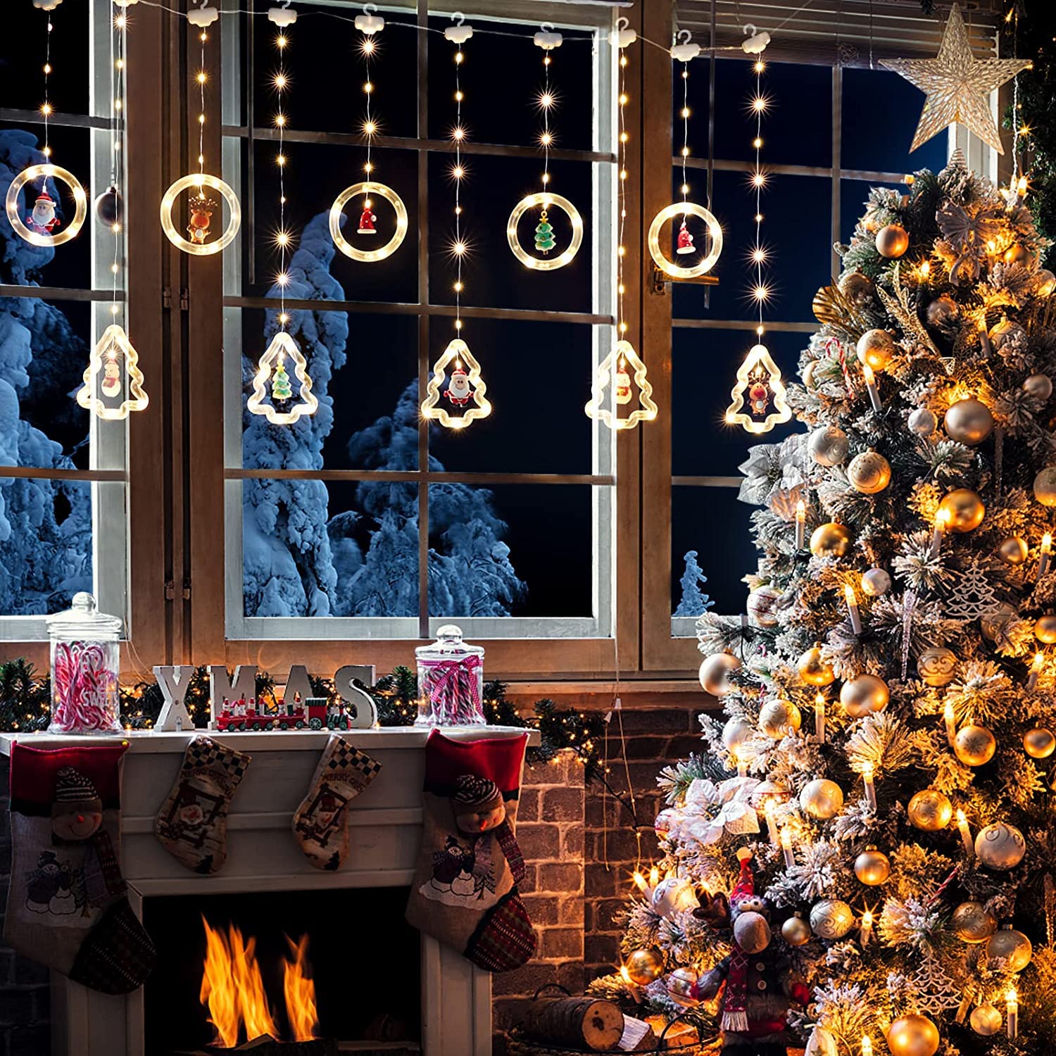 Christmas Window Lights, 9.8 Ft 120 Led Christmas Decorations Light, 3D Hanging Lights Christmas Element Decor With Flashing Lights For Bedroom Patio Garden Party Home Indoor Outdoor Xmas Decor