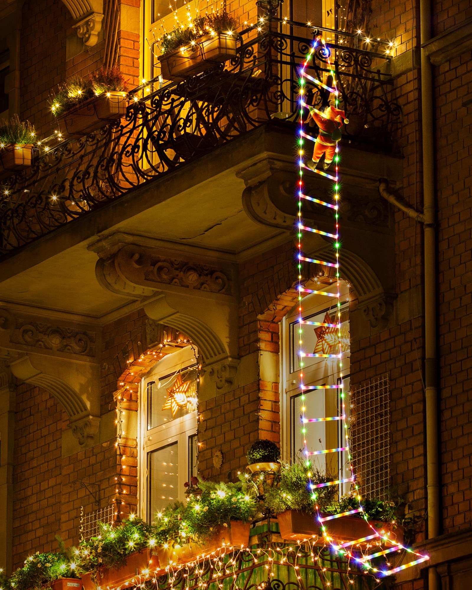 Joedoes LED Ladder Lights with Climbing Santa, 10ft Multicolor Christmas Decor, Indoor Use, Model LED08230338