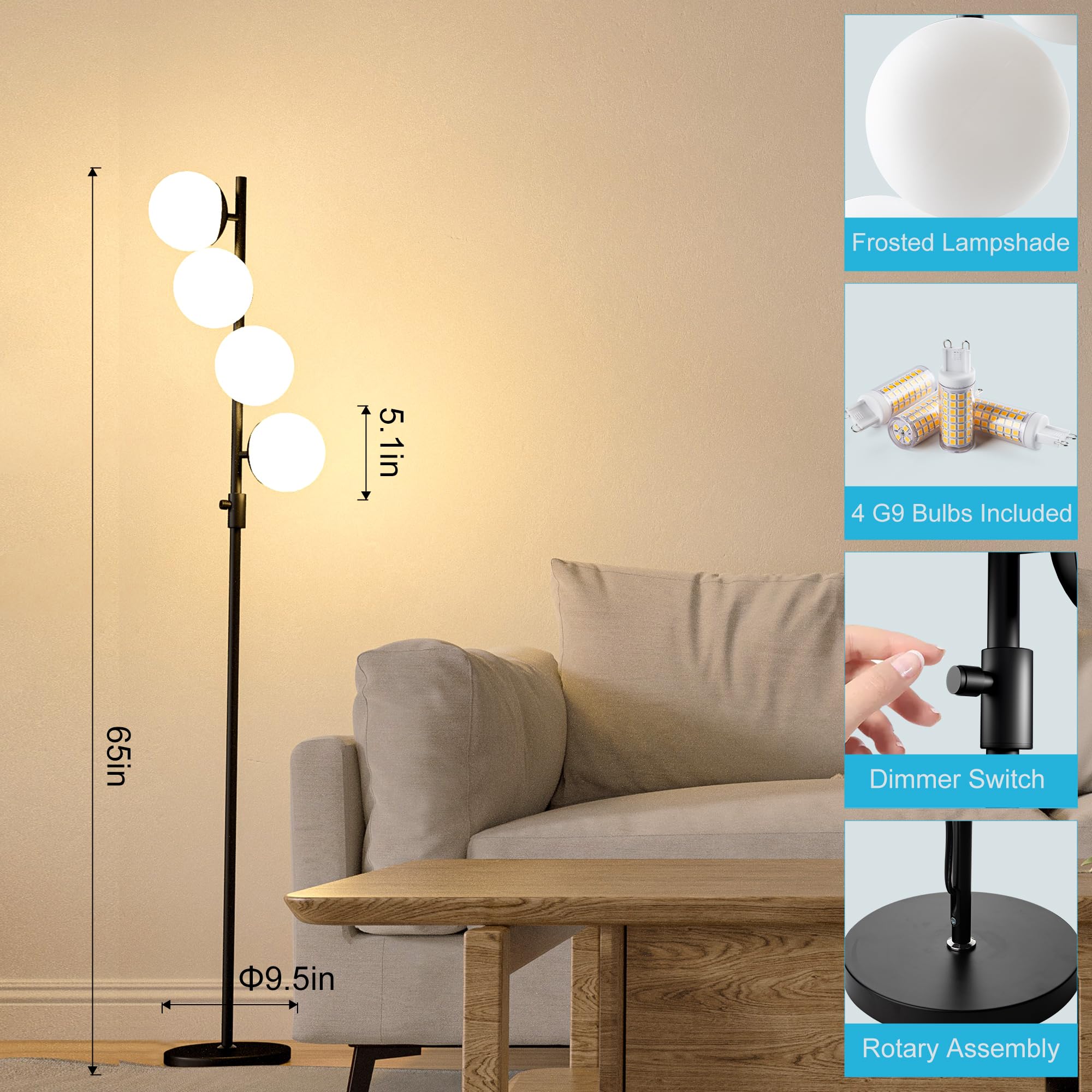 Lightdot Dimmable Globe Floor Lamp, 64IN, Black, Metal, Includes 4PCS 3000K G9 Bulbs, Mid Century Modern Design