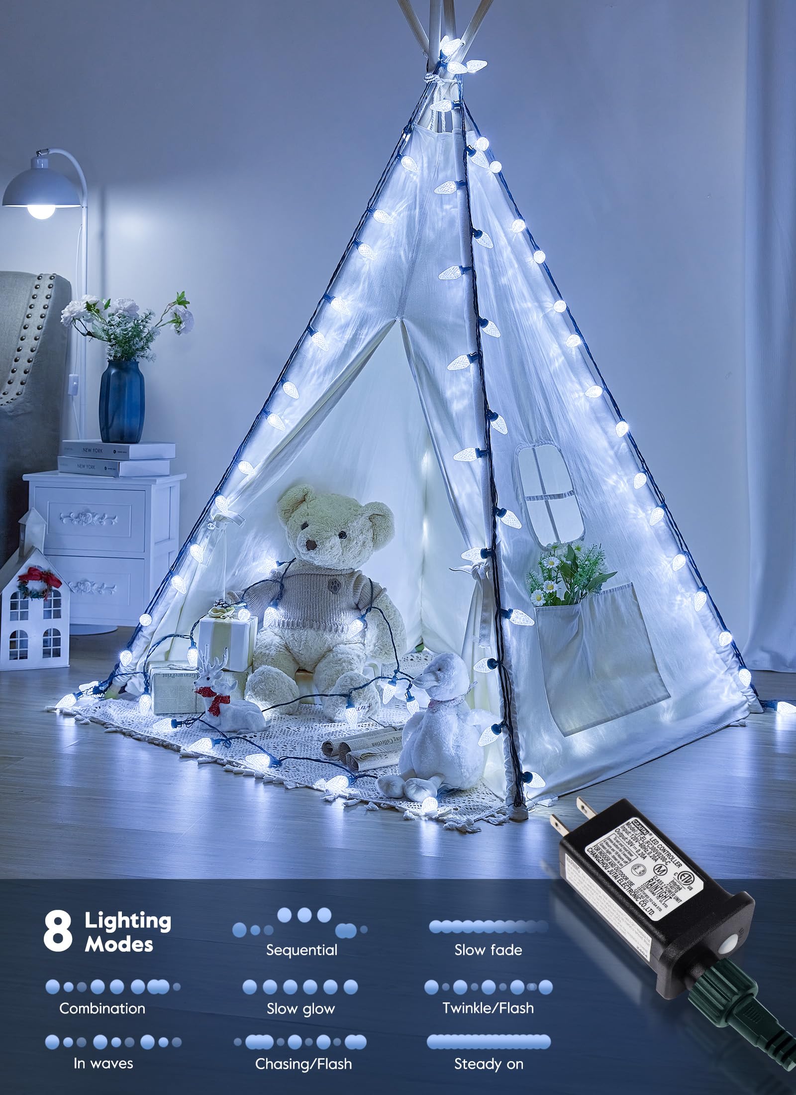 Brightown C9 Christmas Lights, 150 LED Pure White, 114FT, Waterproof, 8 Modes, Plug-in, Model GY-C9-X-33-3B