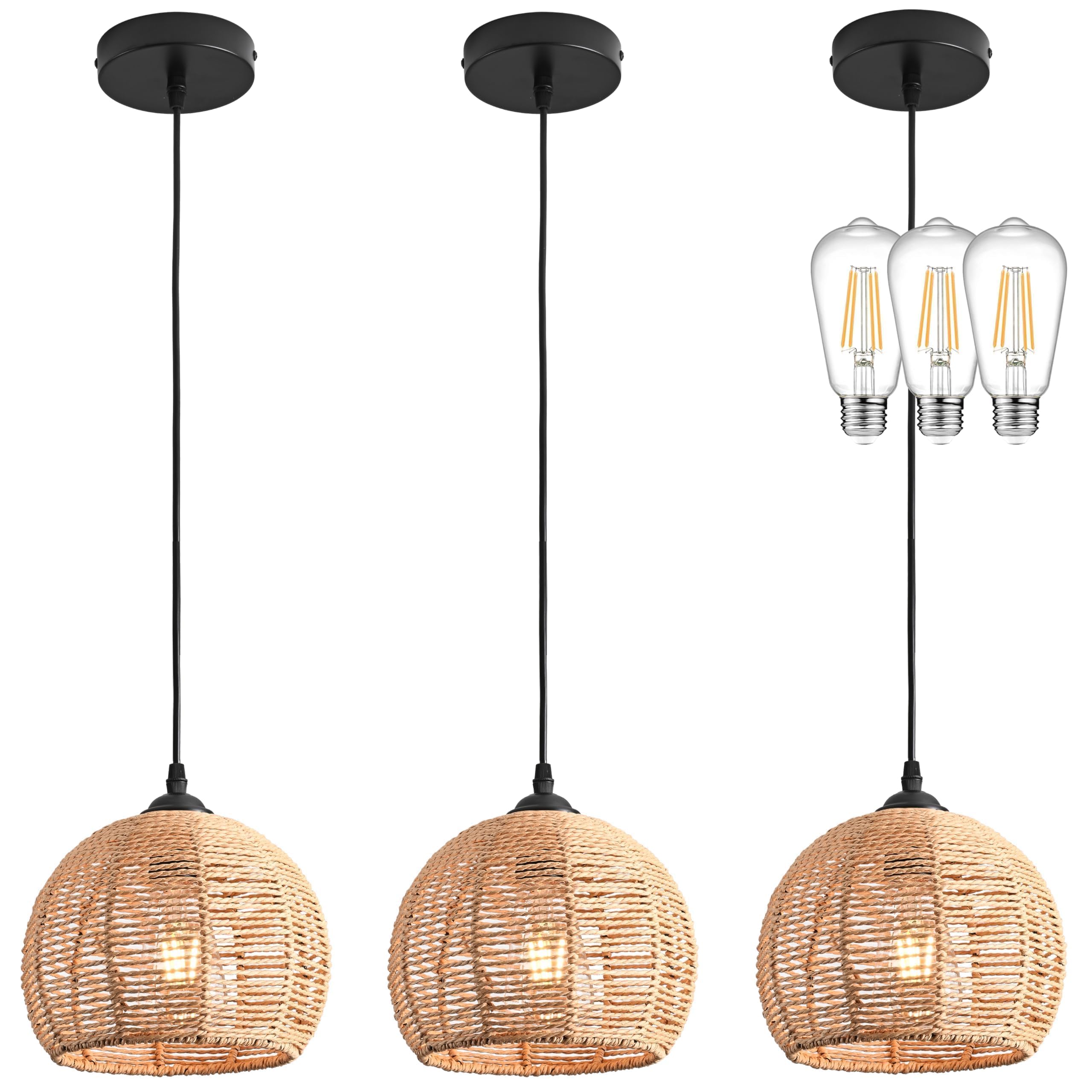 Ayshwilldec 3-Pack Natural Woven Wicker Pendant Lights, Boho Chandelier For Dining Room & Kitchen