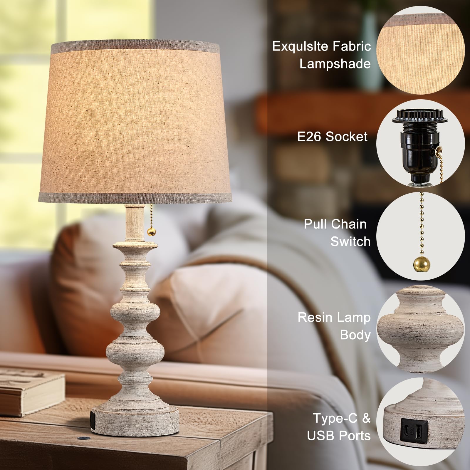 Bowobo 21'' Farmhouse Table Lamp Set Of 2 With Usb A+C Ports For Bedroom Living Room Vintage Rustic Traditional Nightstand Bedsi