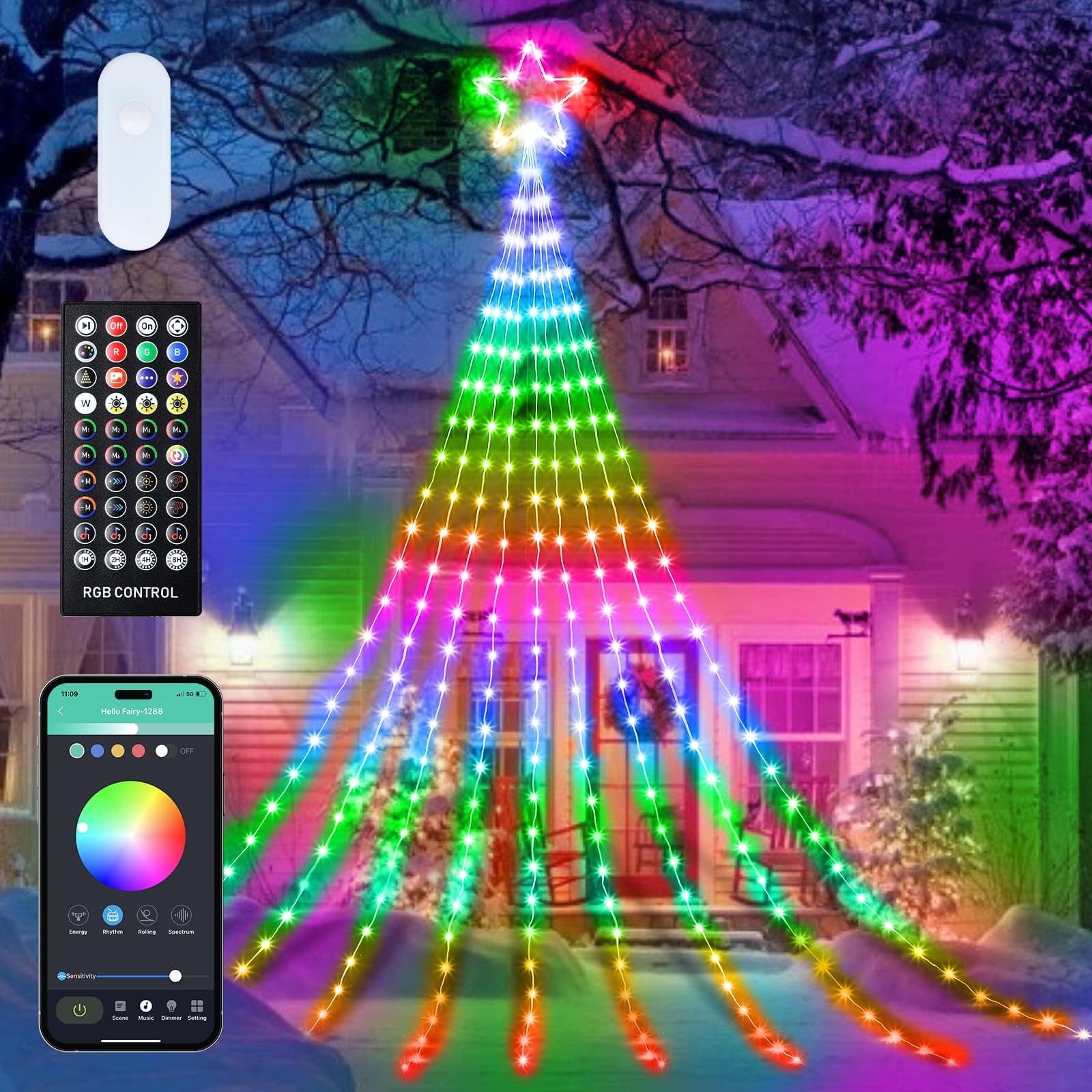 Outdoor Christmas Star String Lights, 16.4Feet 317LED Smart RGB Waterfall Tree String Light with APP Remote Control, DIY Timer M