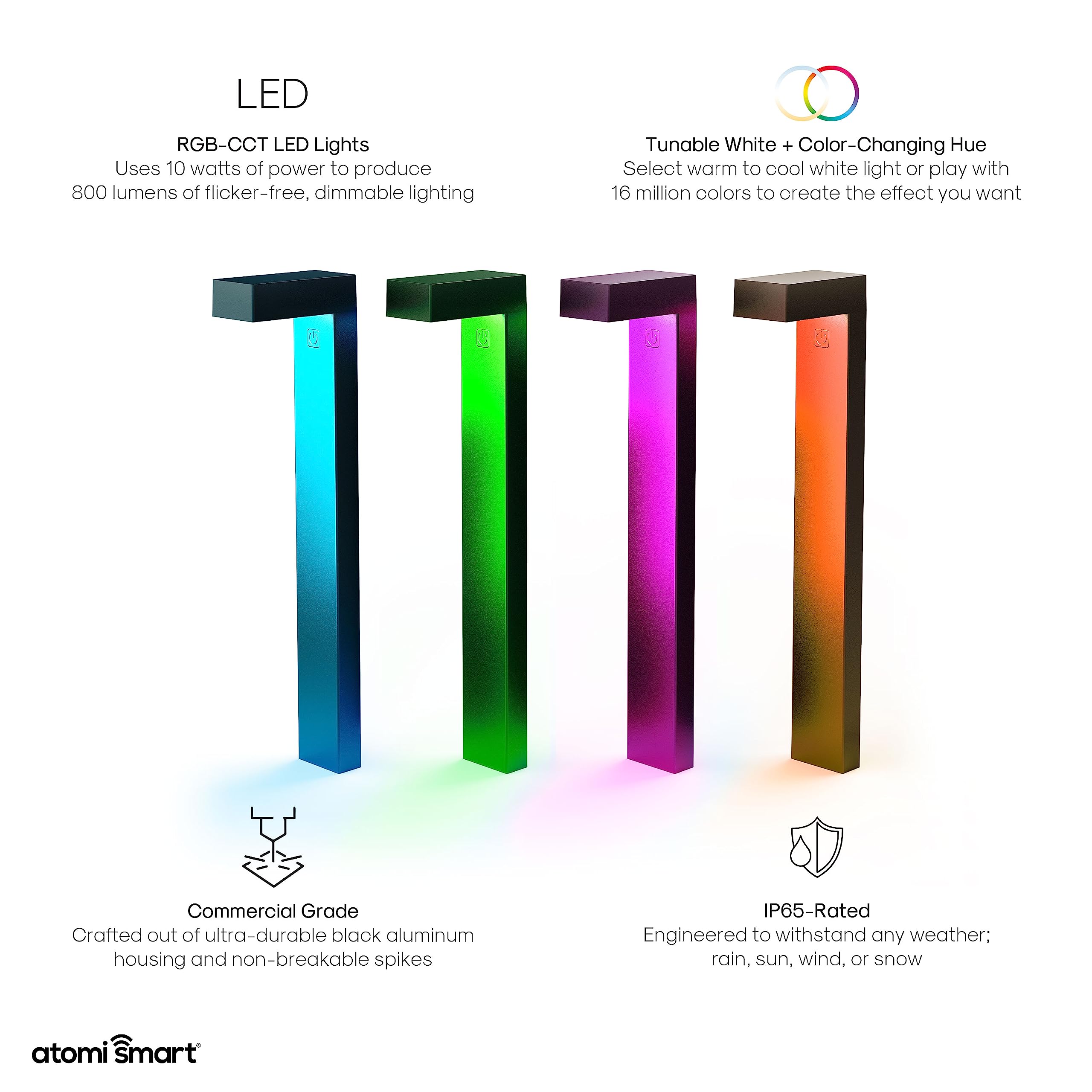 Atomi Smart WiFi LED Pathway Lights 4-Pack, 800 Lumens, Dimmable, IP65, White/RGB, Model AT1592, App Control, Works with Alexa/