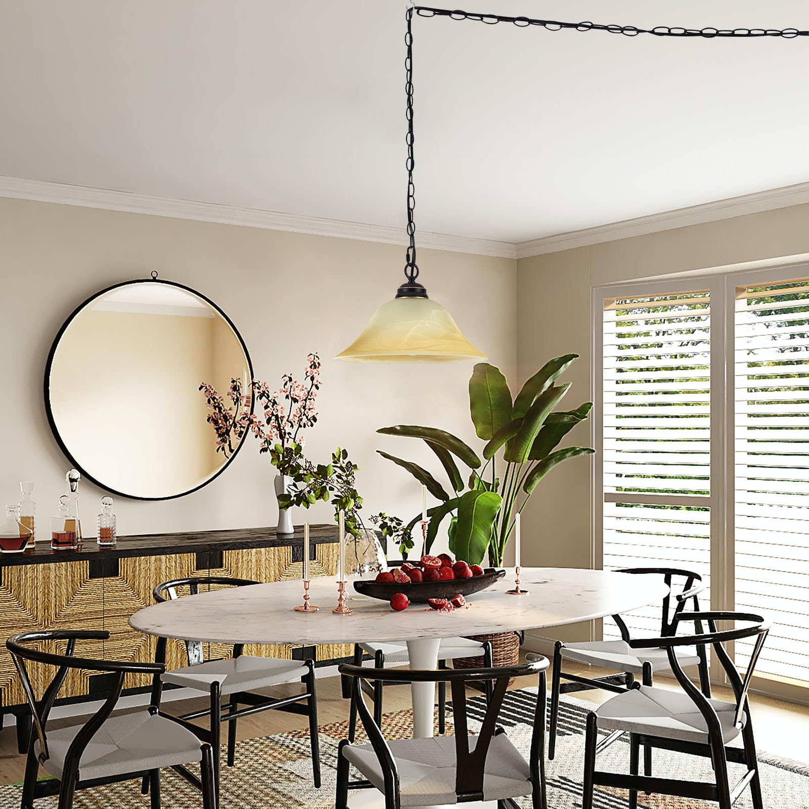 Shengqingtop Dimmable Plug-In Pendant Light, Retro Alabaster Shade, Black & Gold, 16.4Ft