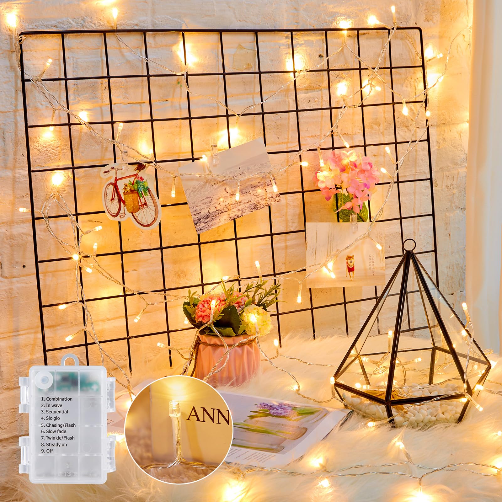Minetom Battery Operated String Lights, 33 FT, 100 LED, Warm White, Waterproof, 8 Modes, Model 3AA-LUO