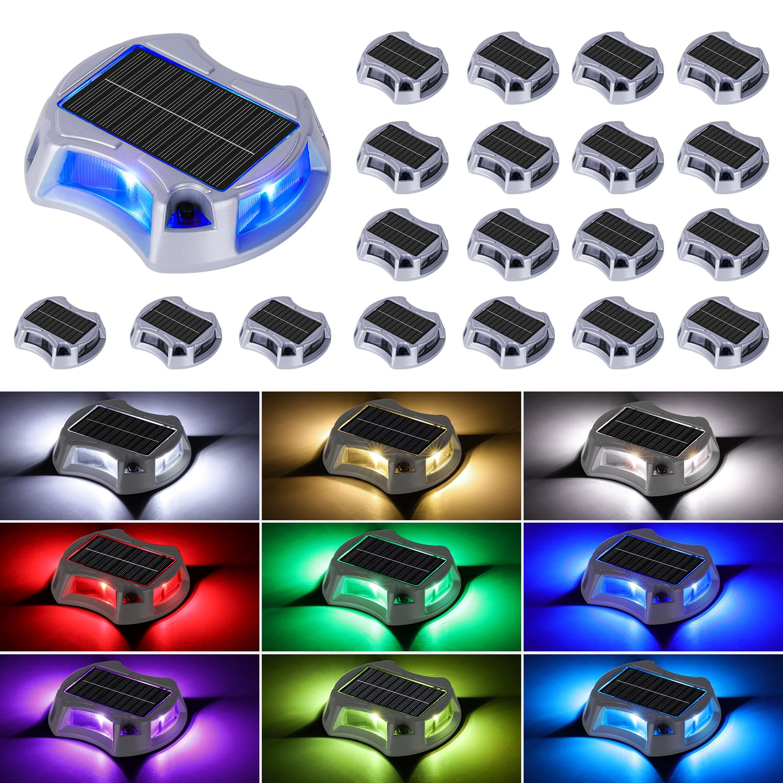 Bosceos Solar Driveway Lights Outdoor 20-Pack, Solar Deck Lights RGB Color Modes Dock Light Waterproof Driveway Markers Step Lig