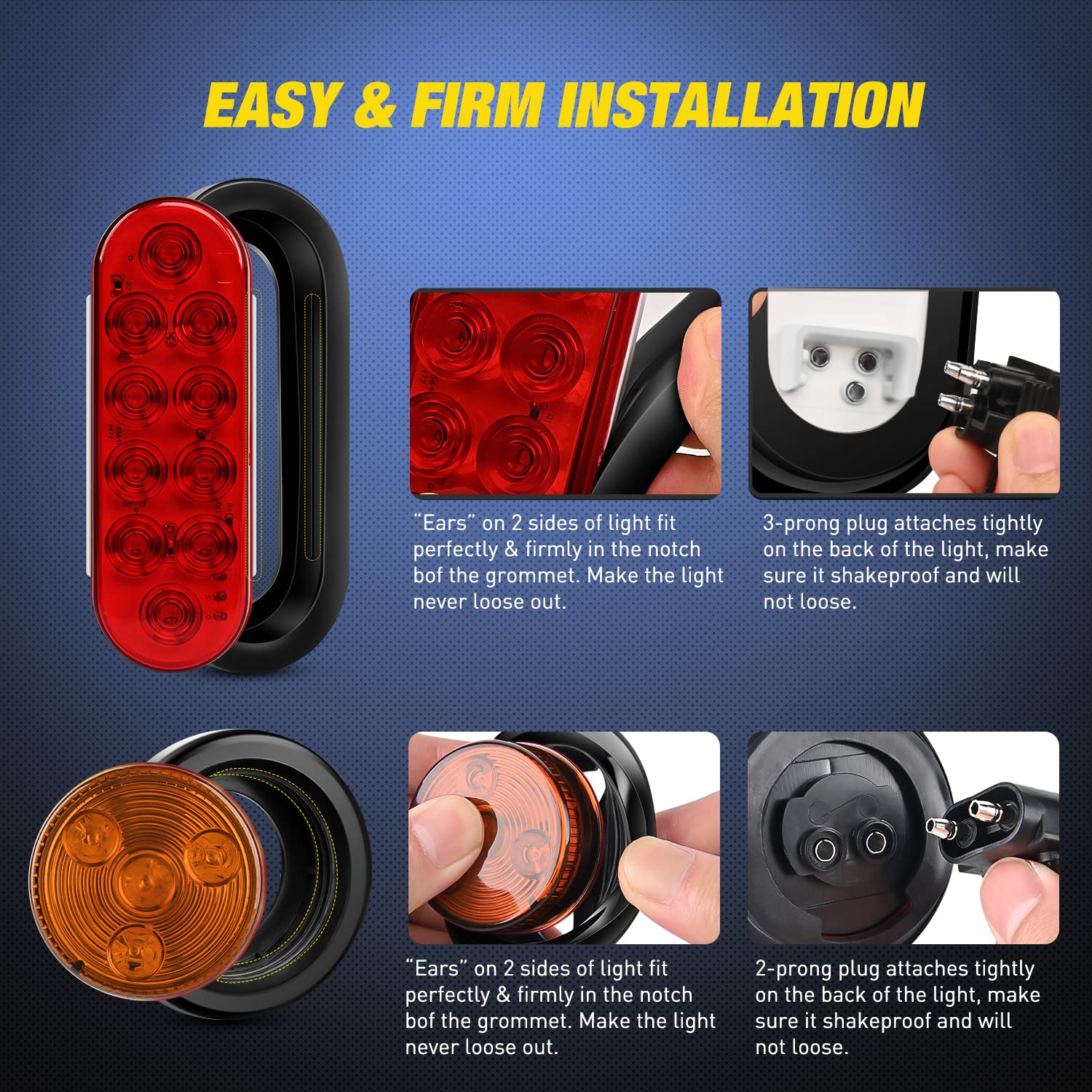 Nilight 2PCS Trailer Light Kit - 6 Oval Red Tail Lights & 2 Round Amber Side Marker Lights, Includes 3LED License Plate Light, 2-Year Warranty