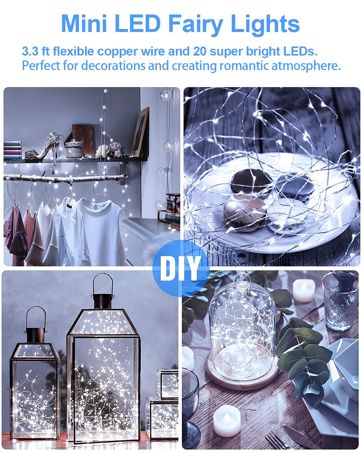 20 Pack Fairy Lights Battery Operated 3.3Ft 20 Led Mini String Lights Twinkle Lights Copper Wire Firefly Starry Lights For Mason Jars Wedding Party Christmas Centerpiece Table Decorations, Cool White
